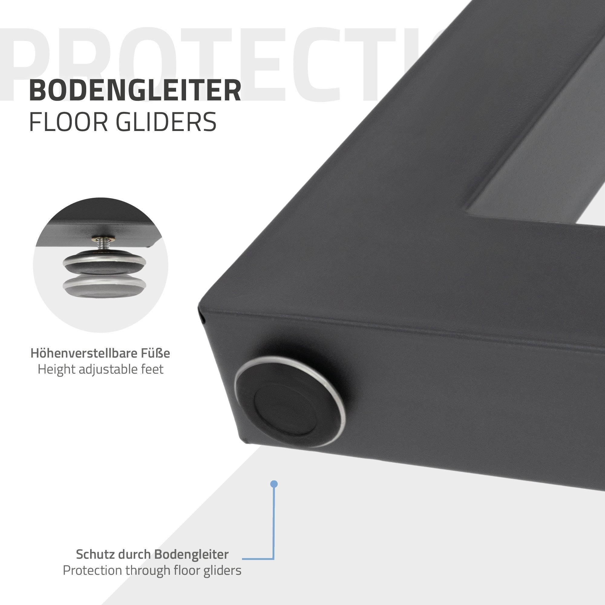 Detailaufnahme eines Tischbeins mit höhenverstellbaren Füßen und einem Schutz durch Bodengleiter.