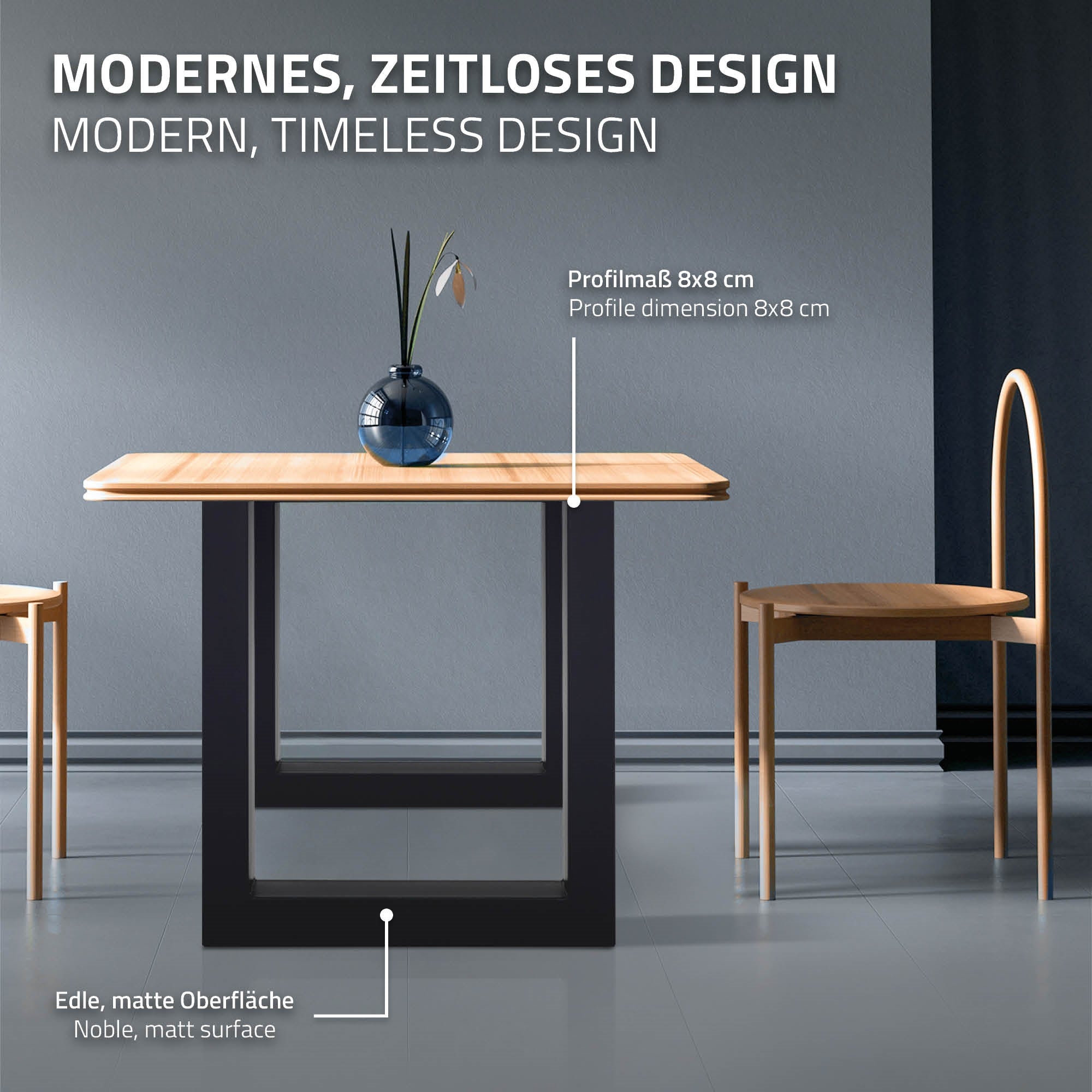 Table with a black frame and wooden top, decorated with a vase and two chairs.