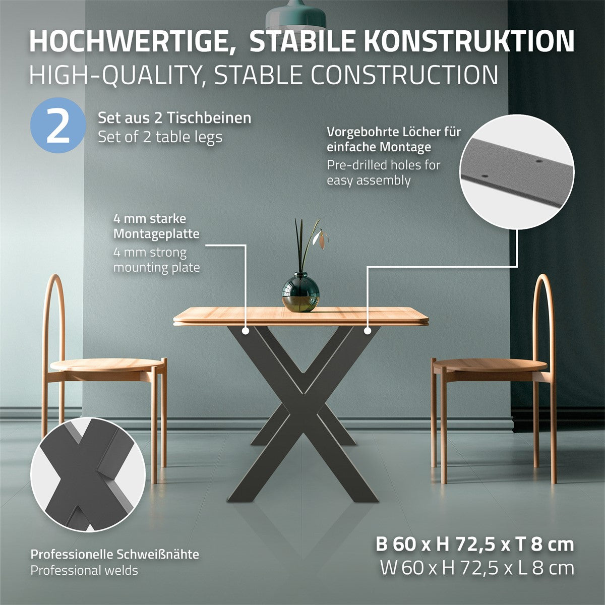 Illustration détaillant la construction stable des pieds de table.