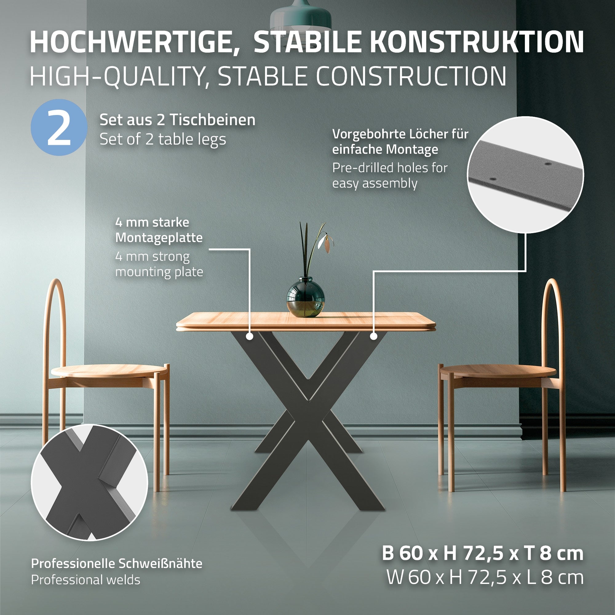 Grafik mit Details zur stabilen Konstruktion von Tischbeinen.