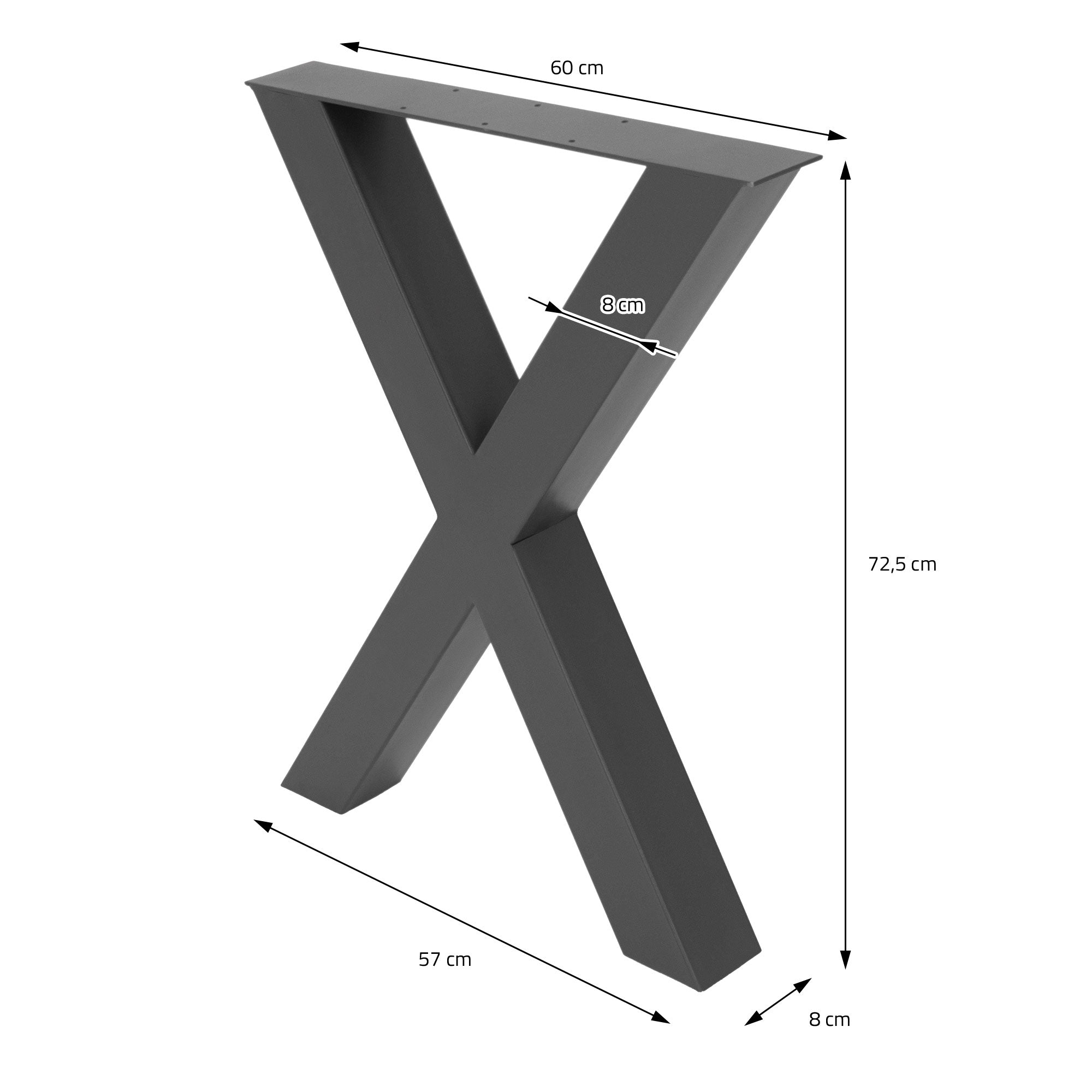 Schwarzes X-förmiges Tischgestell mit Maßen: 60 cm Breite, 72,5 cm Höhe.