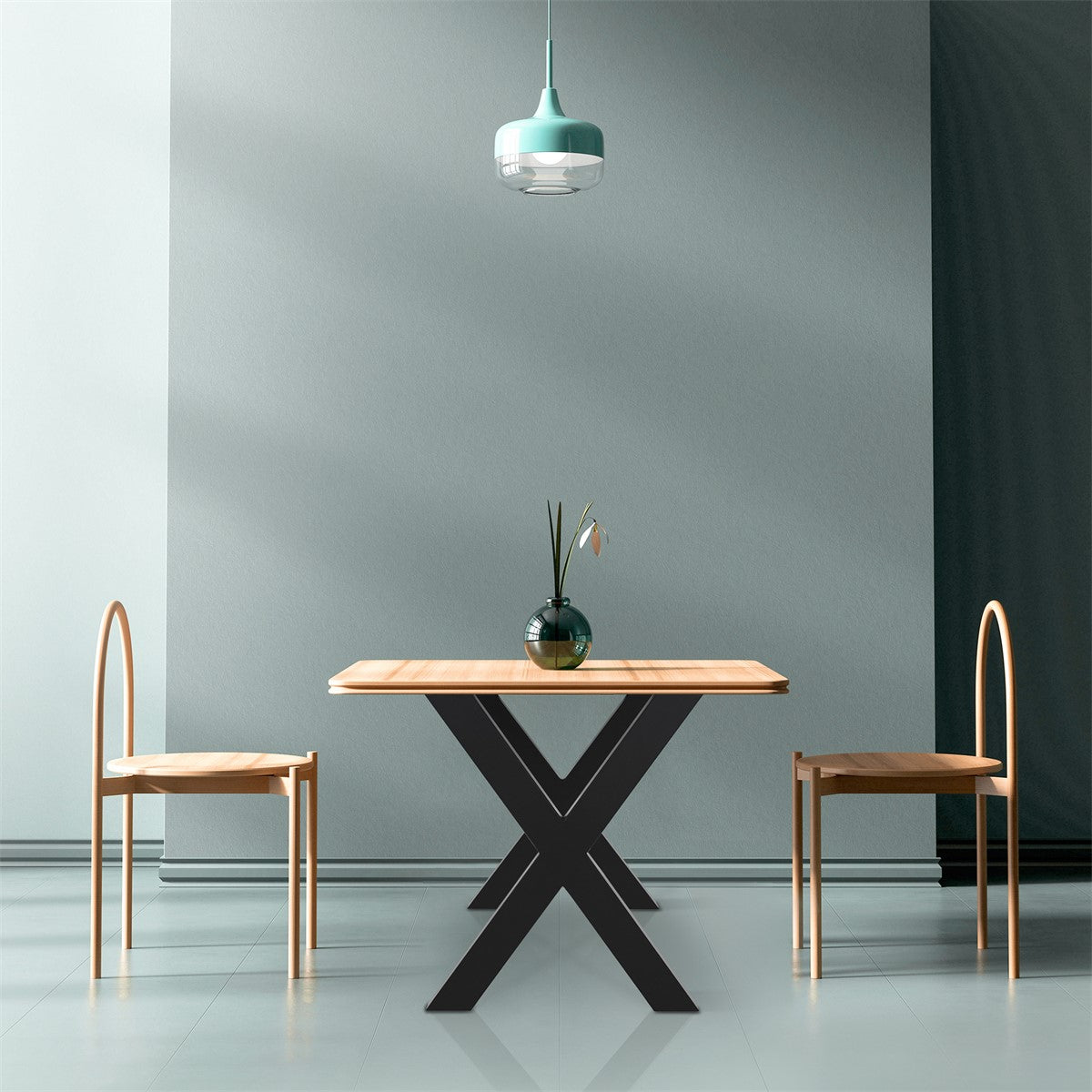 A table with a wooden top and two chairs in a room.