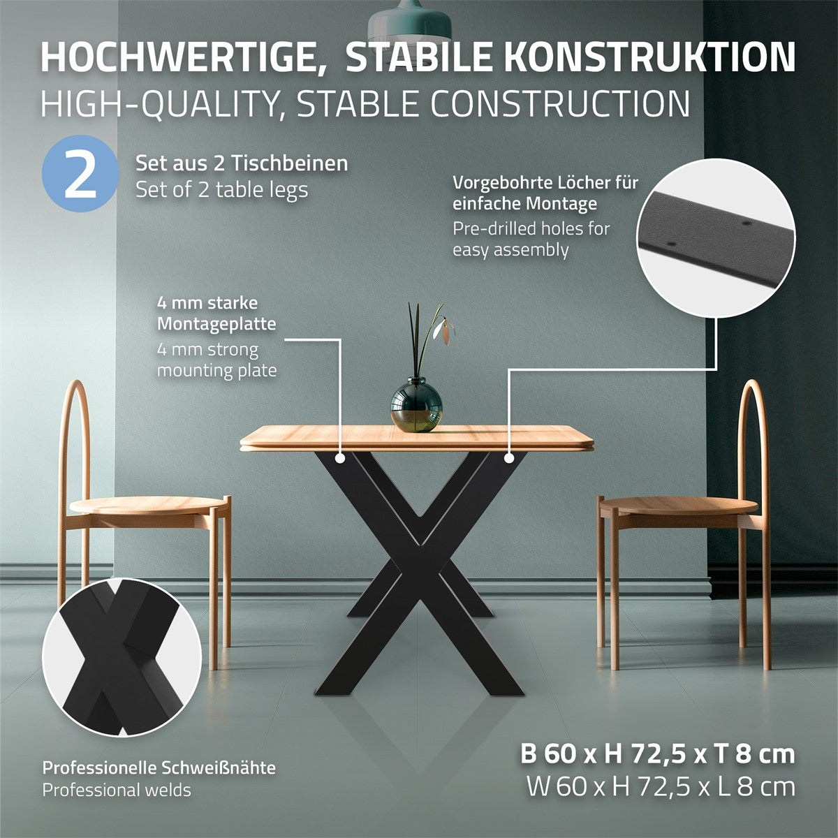 Graphic showing stable table constructions with assembly instructions.