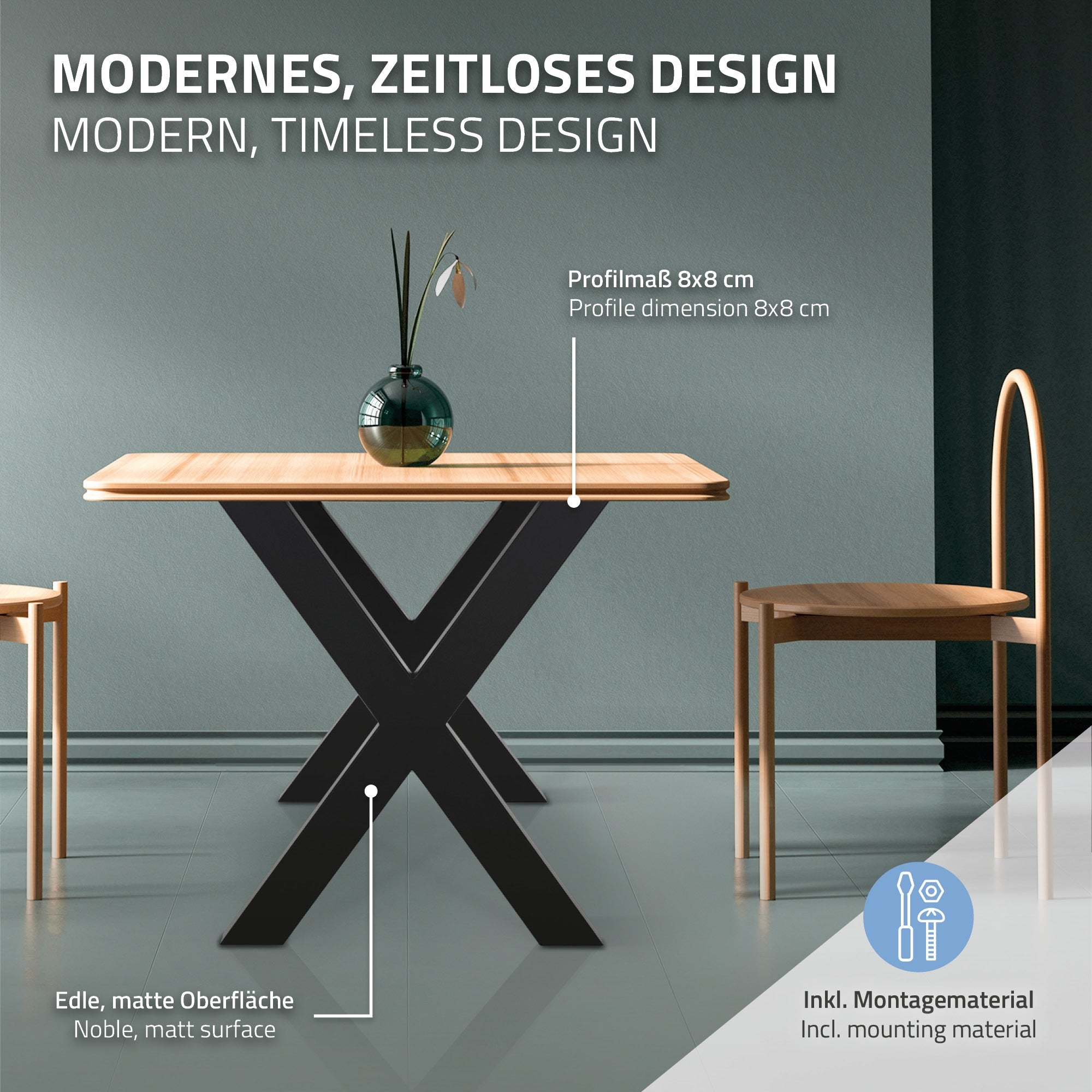 Tisch mit schwarzem Gestell und Holzplatte, moderne Einrichtung.
