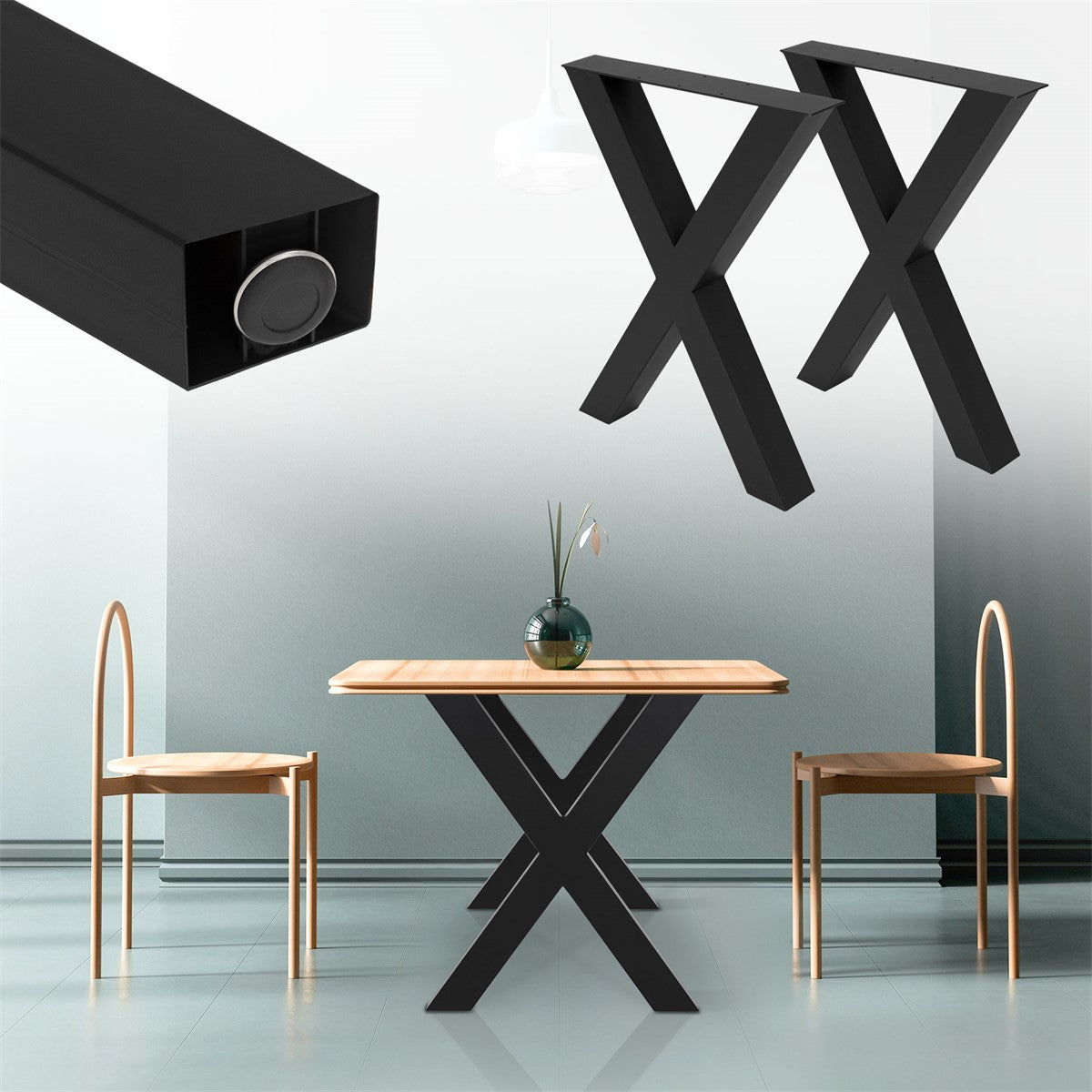 Wooden table with a black X-shaped frame and two chairs.