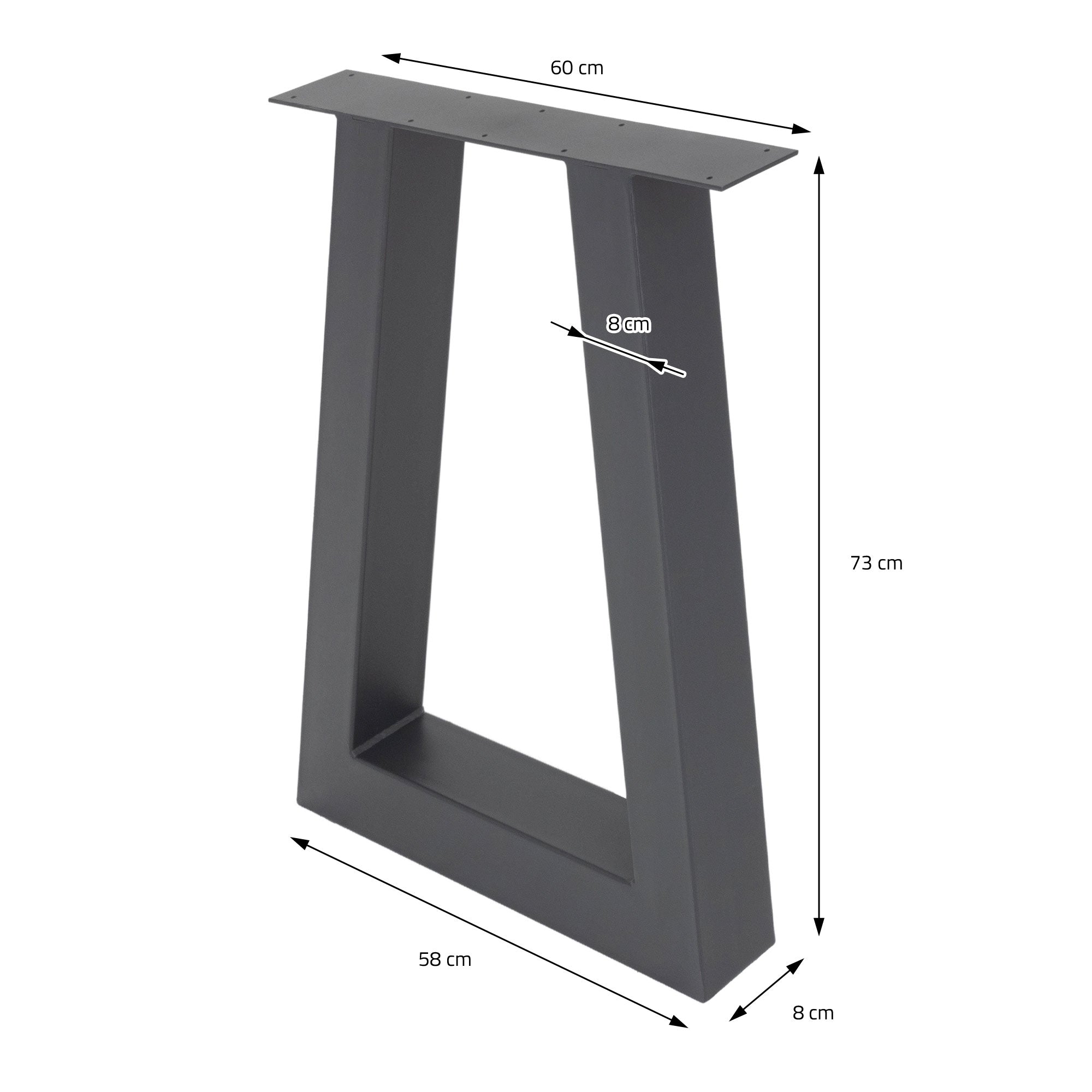 Schwarzes Tischgestell mit Maßen: 60 cm Breite, 73 cm Höhe, 8 cm Profil.