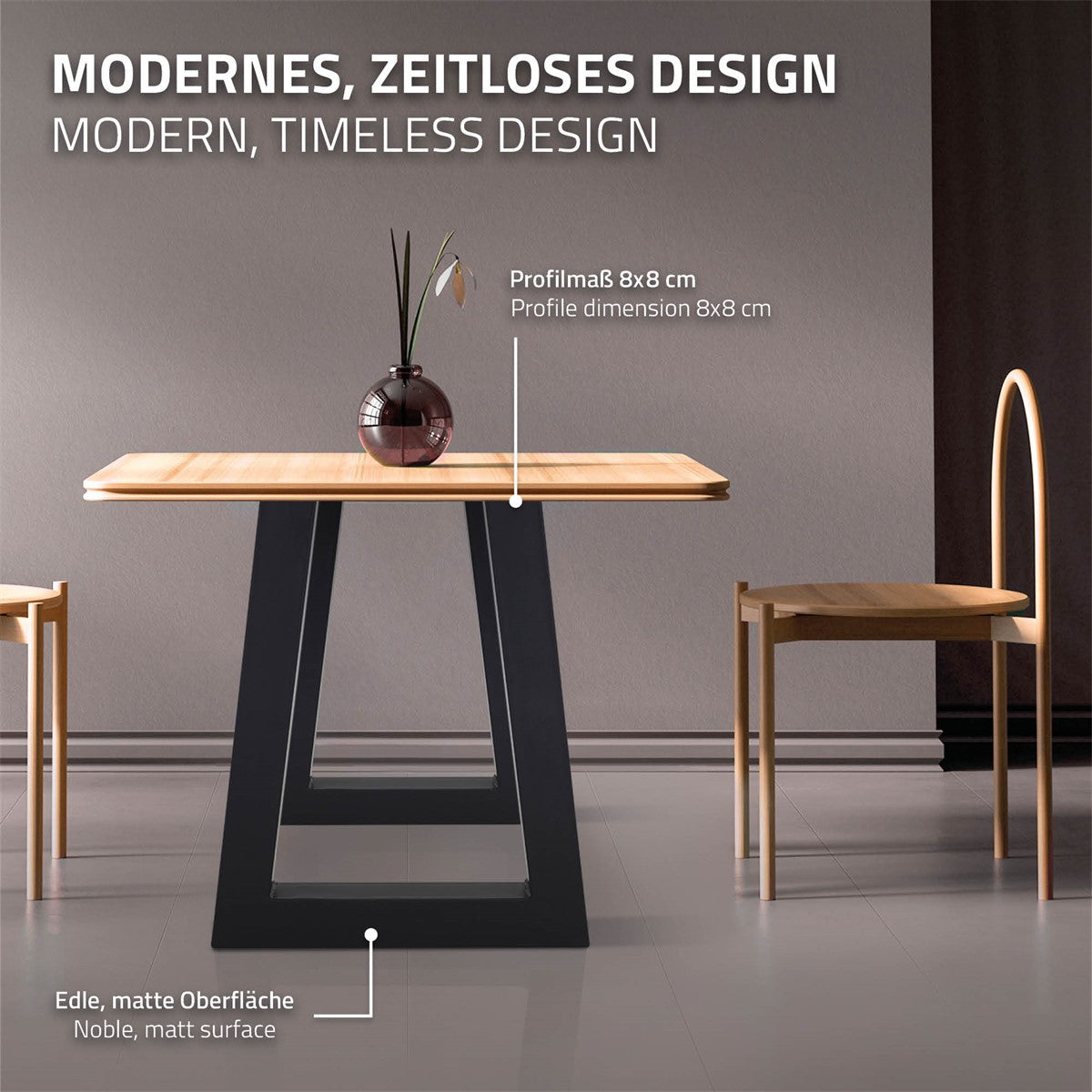 Wooden table with a matte finish and two chairs in the background.