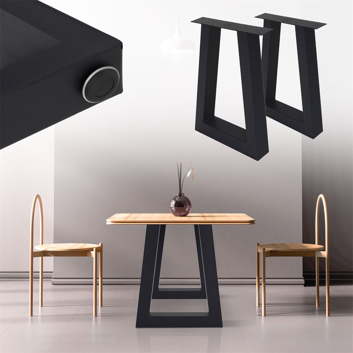 Table with a wooden top and two chairs, with a wall in the background.