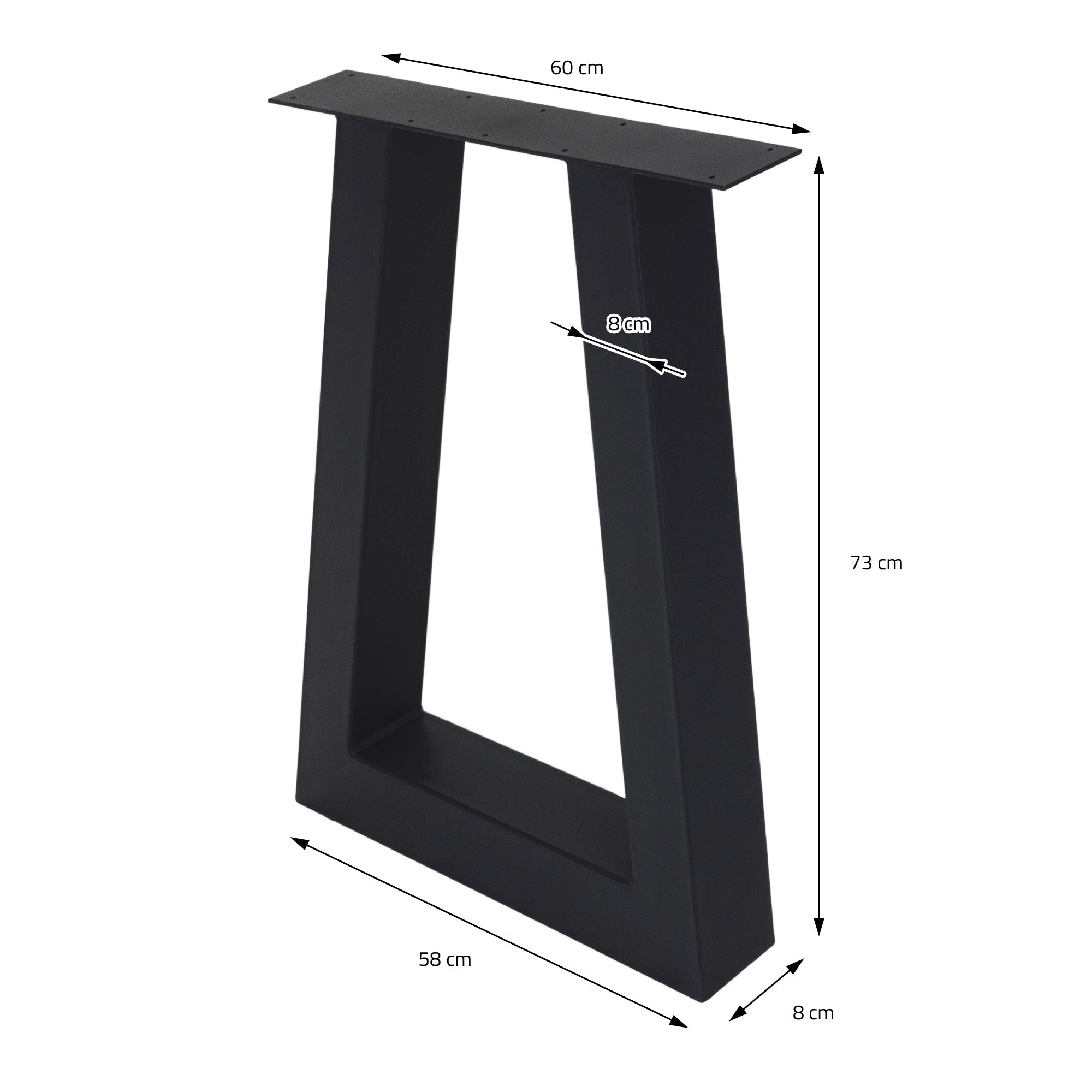 Schwarze Tischbeine mit Maßen: 60 cm x 73 cm x 8 cm.