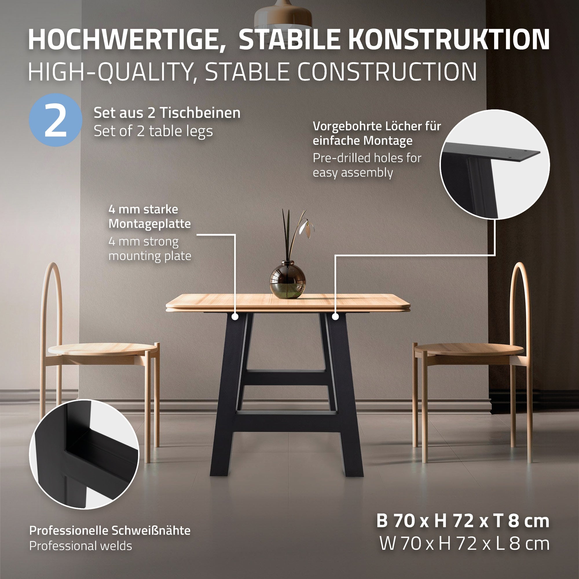 Tisch mit stabilen Beinen, Montageanleitung und Abmessungen auf einem Bild.