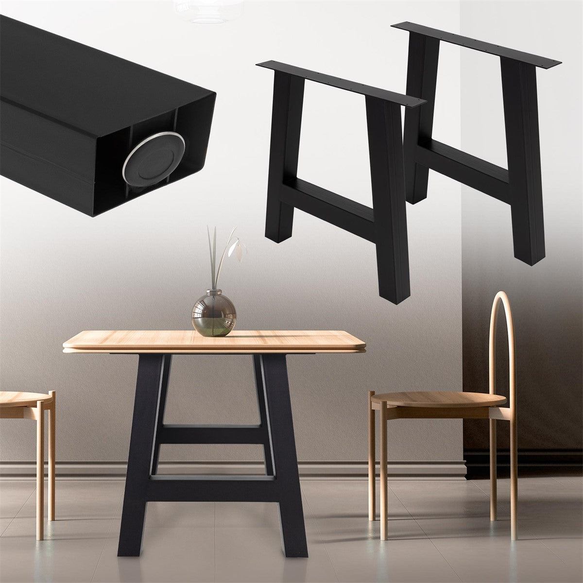 Black table legs and a wooden tray on a light-colored floor.