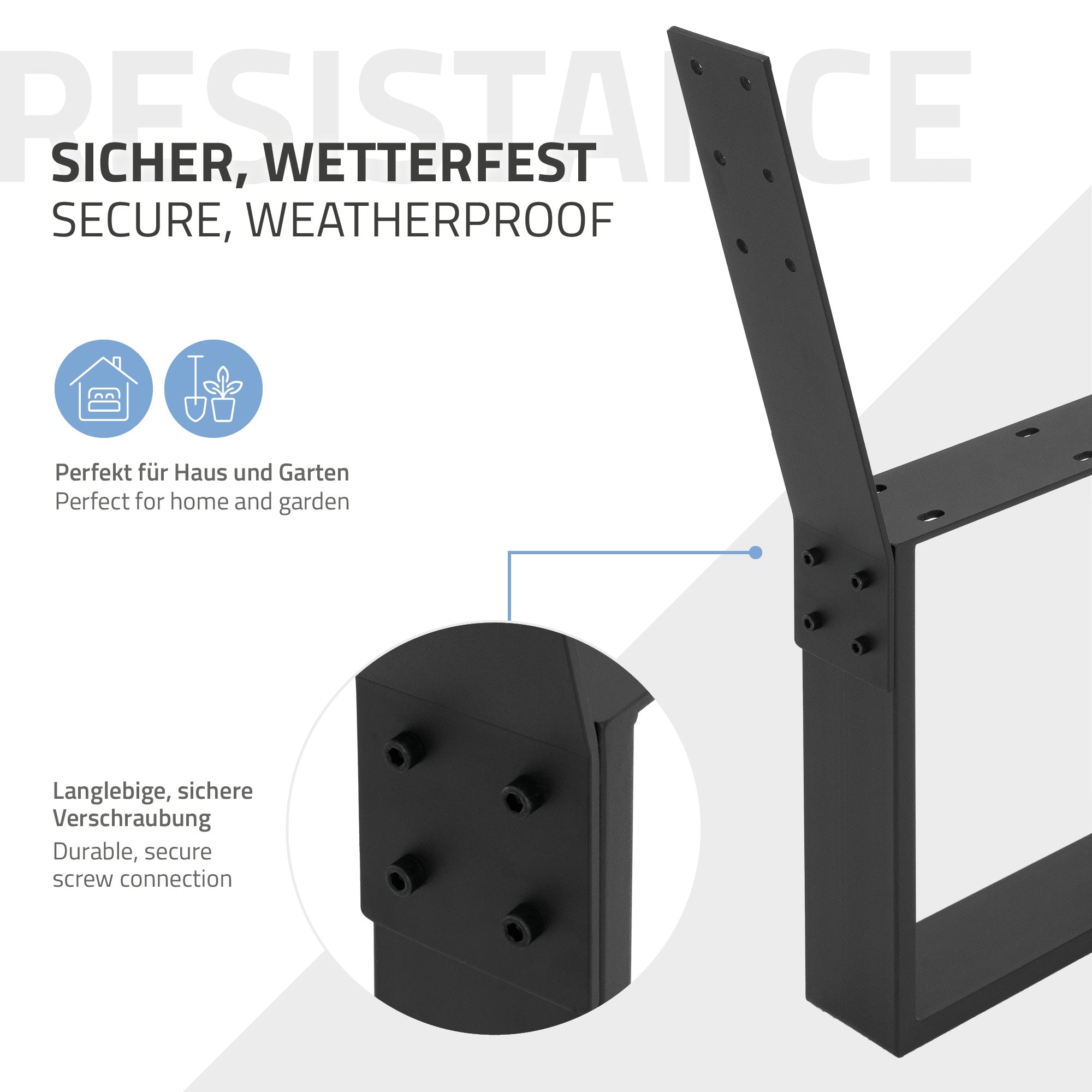 Schwarzes Möbelteil mit Schraublöchern, wetterfest und sicher.