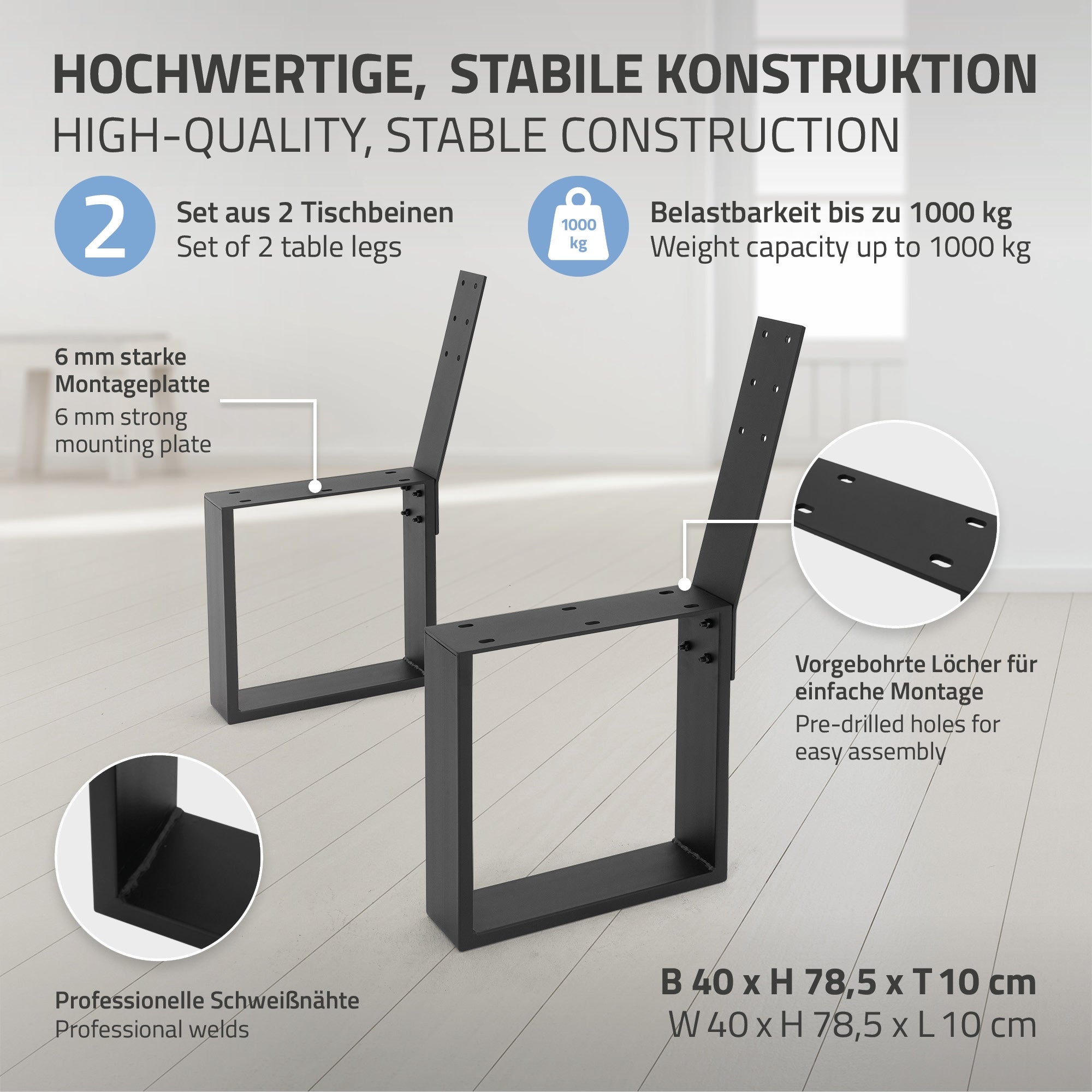 Zwei Tischbeine in schwarzer Farbe, mit stabiler Konstruktion und vorgebohrten Löchern.