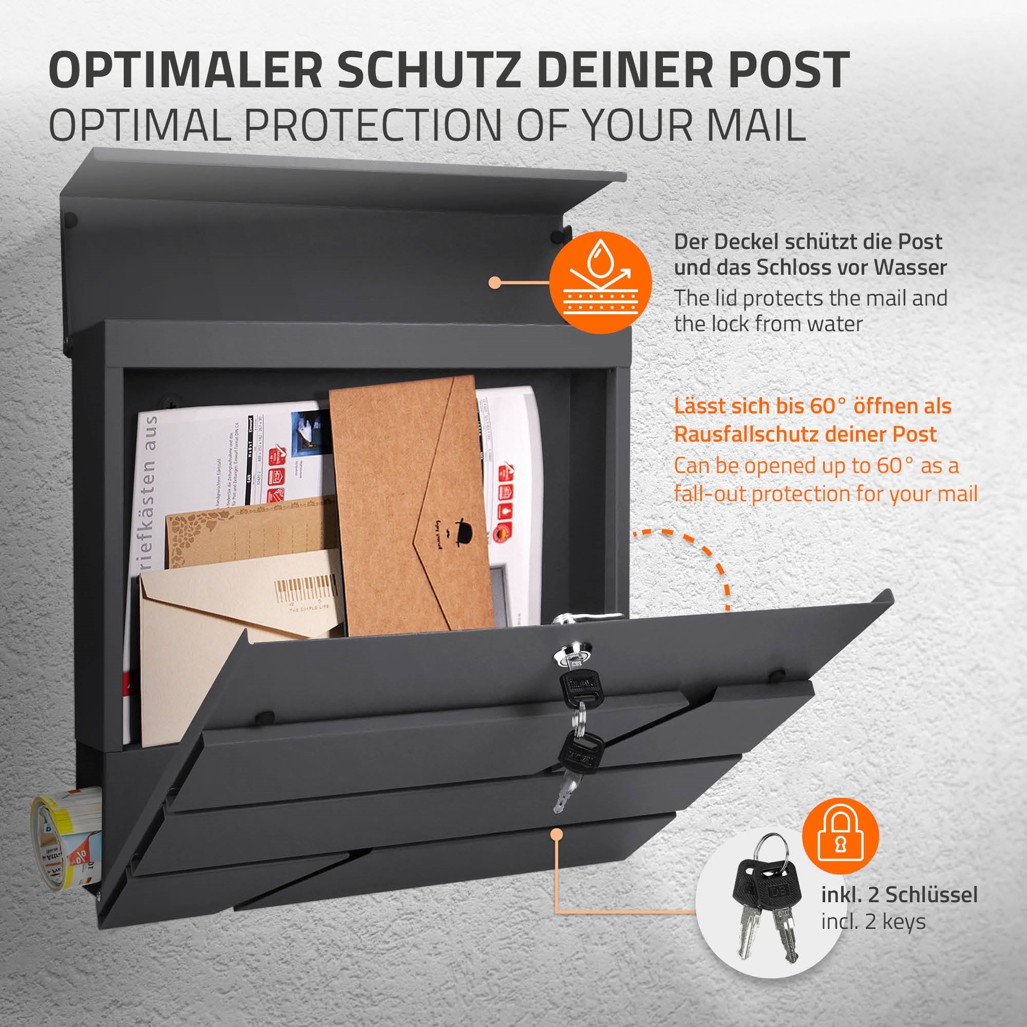 Briefkasten mit Deckel, der Post und Schloss vor Wasser schützt.