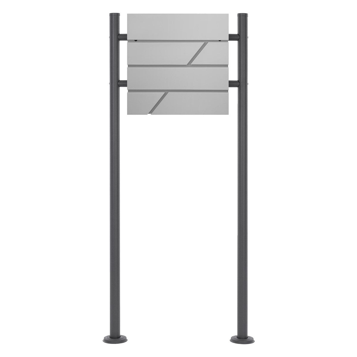 Gray mailbox on a sturdy stand, modern design.