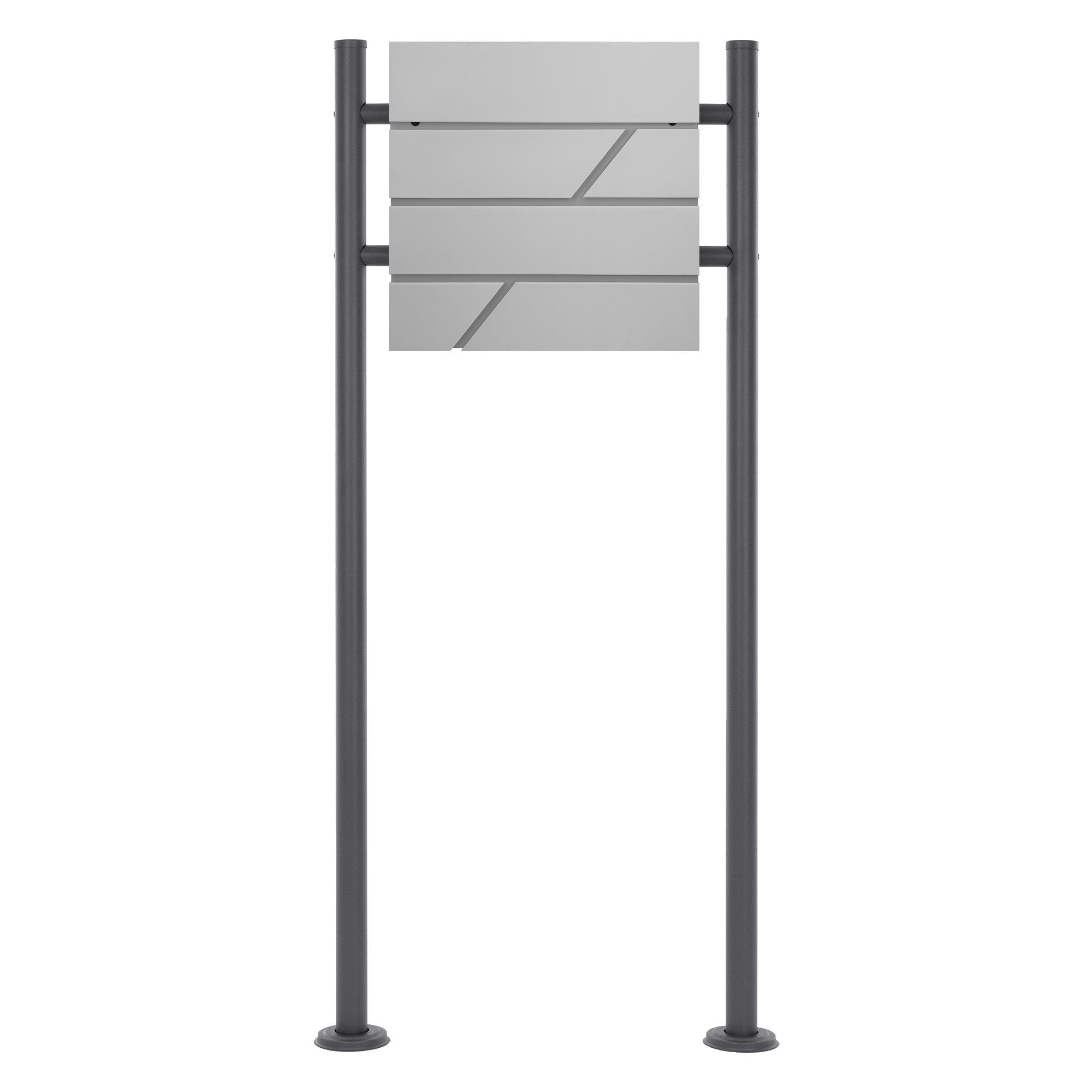 Grå postkasseboks på en stabil standfod, moderne design.