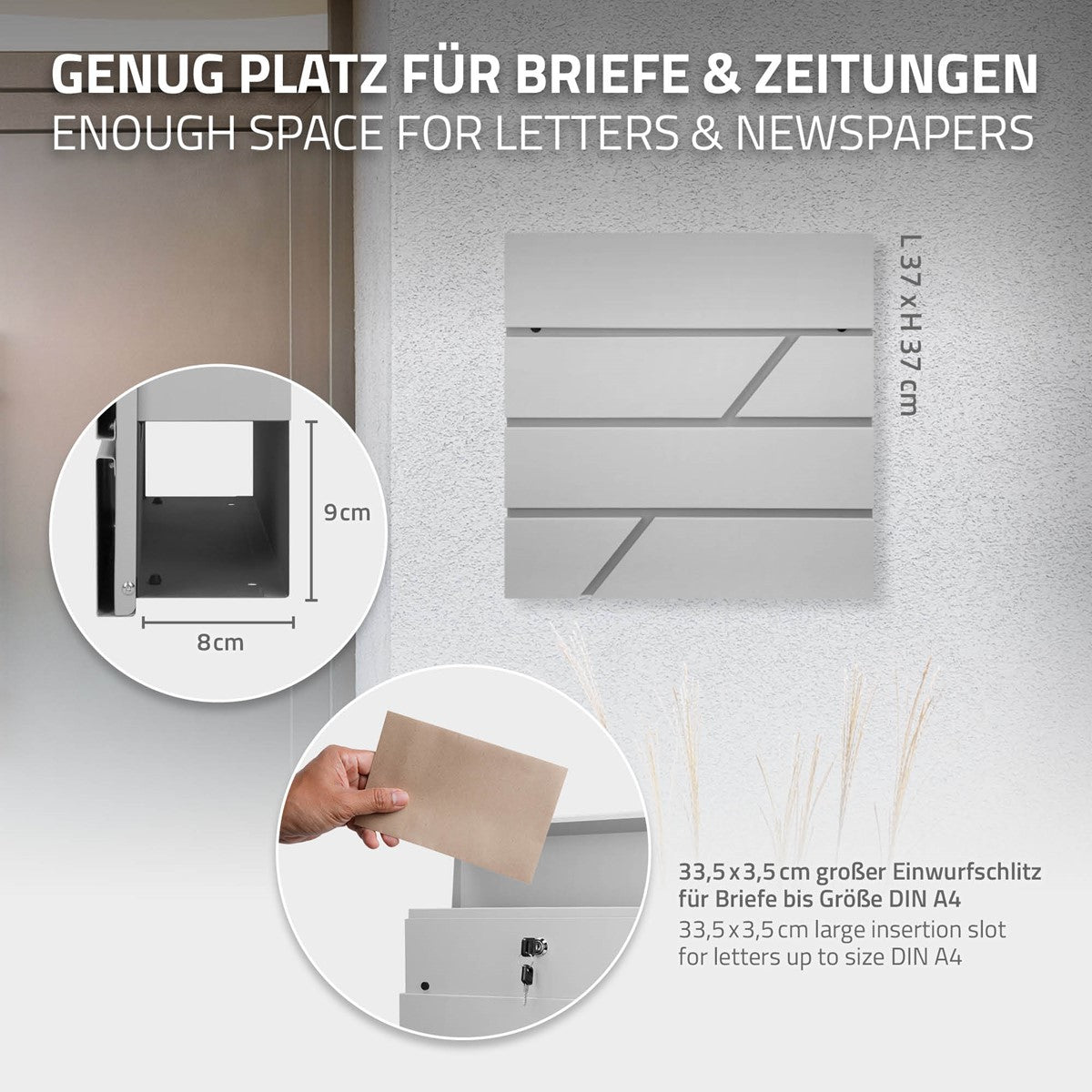 Briefkasten mit Einwurfschlitz für Briefe und Zeitungen, Maße 33,5 x 3,5 cm.