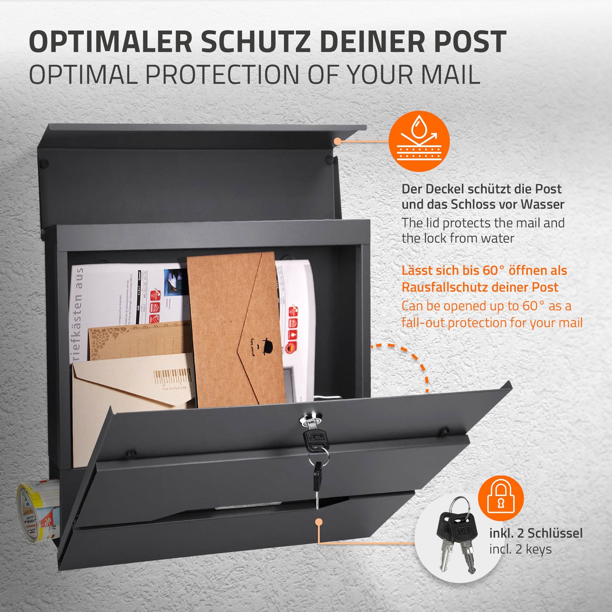Postkasten mit geöffnetem Deckel, Briefe und Pakete sichtbar.