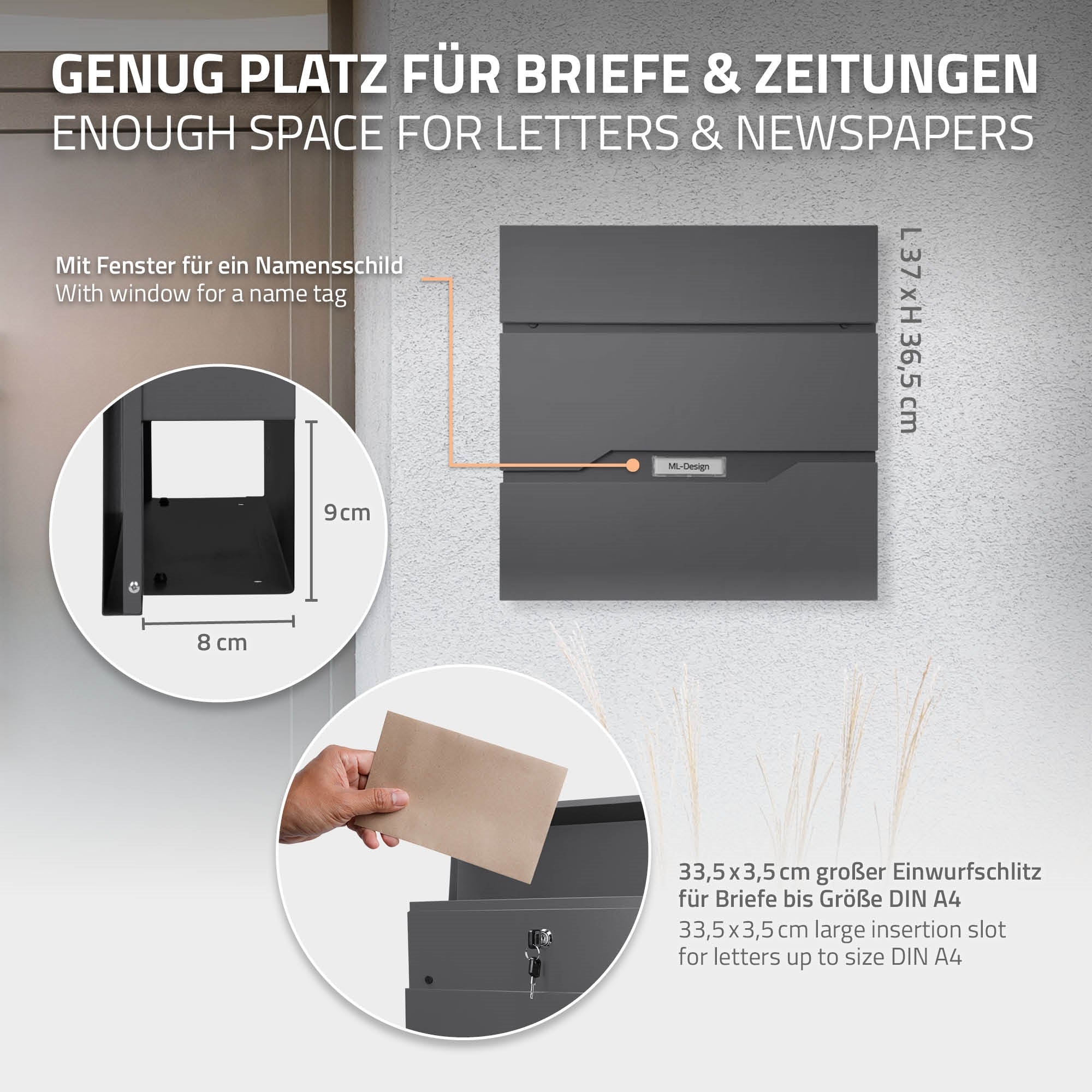 Briefkasten mit Fenster für Namensschild und Einwurfslot für Briefe.