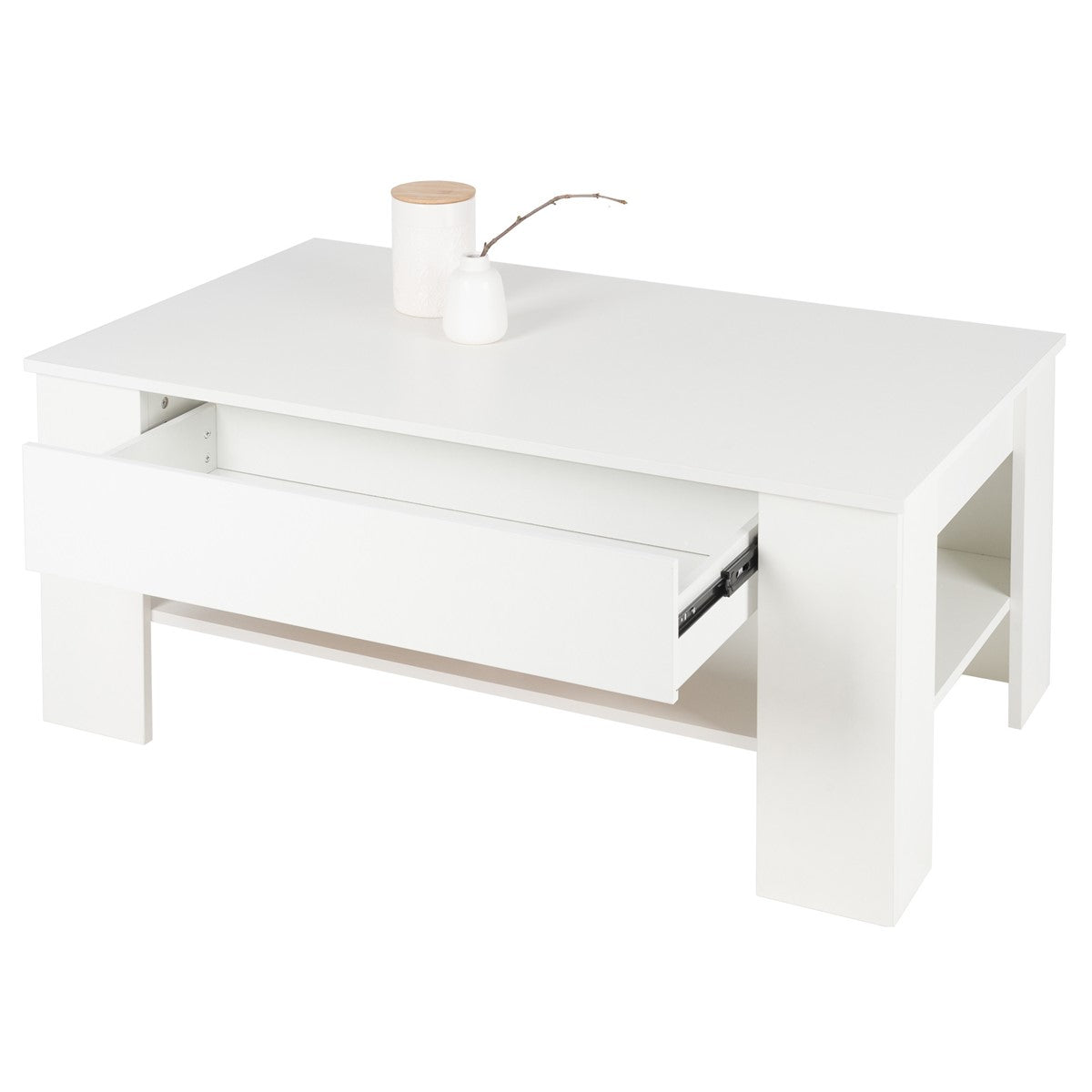 Weißer Tisch mit einer Schublade und einer Vase auf der Oberfläche.