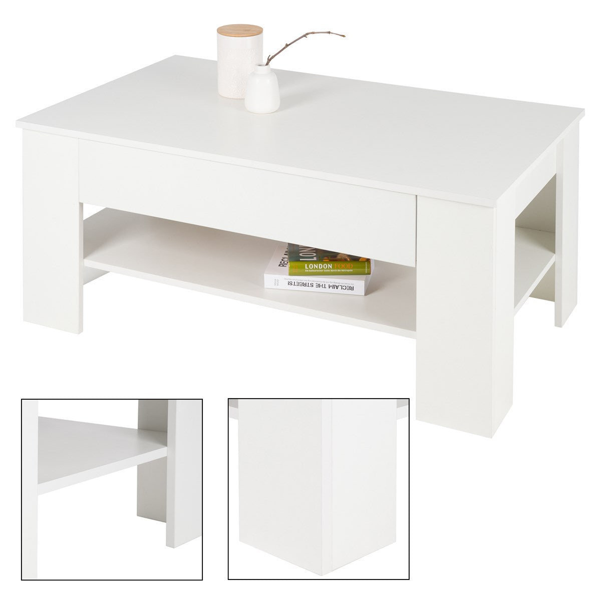 Weißer Couchtisch mit einer Vase und einem Ast, Detailansicht.