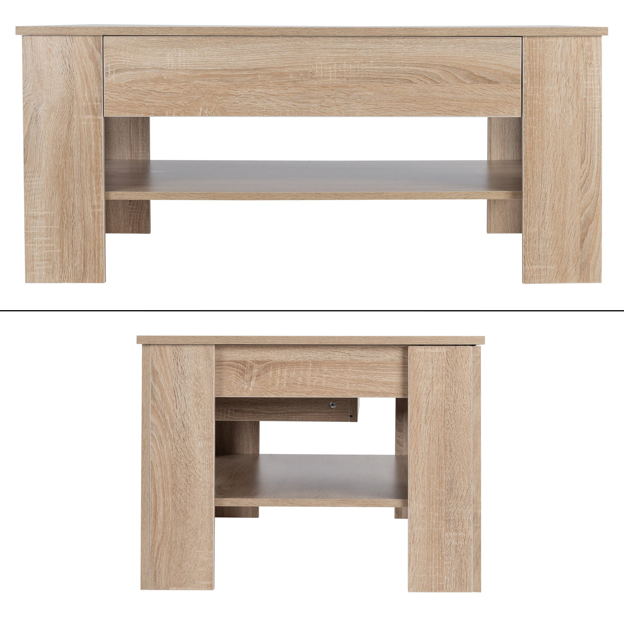 Mesa de madera vista de frente y de lado, con cajón y estante.