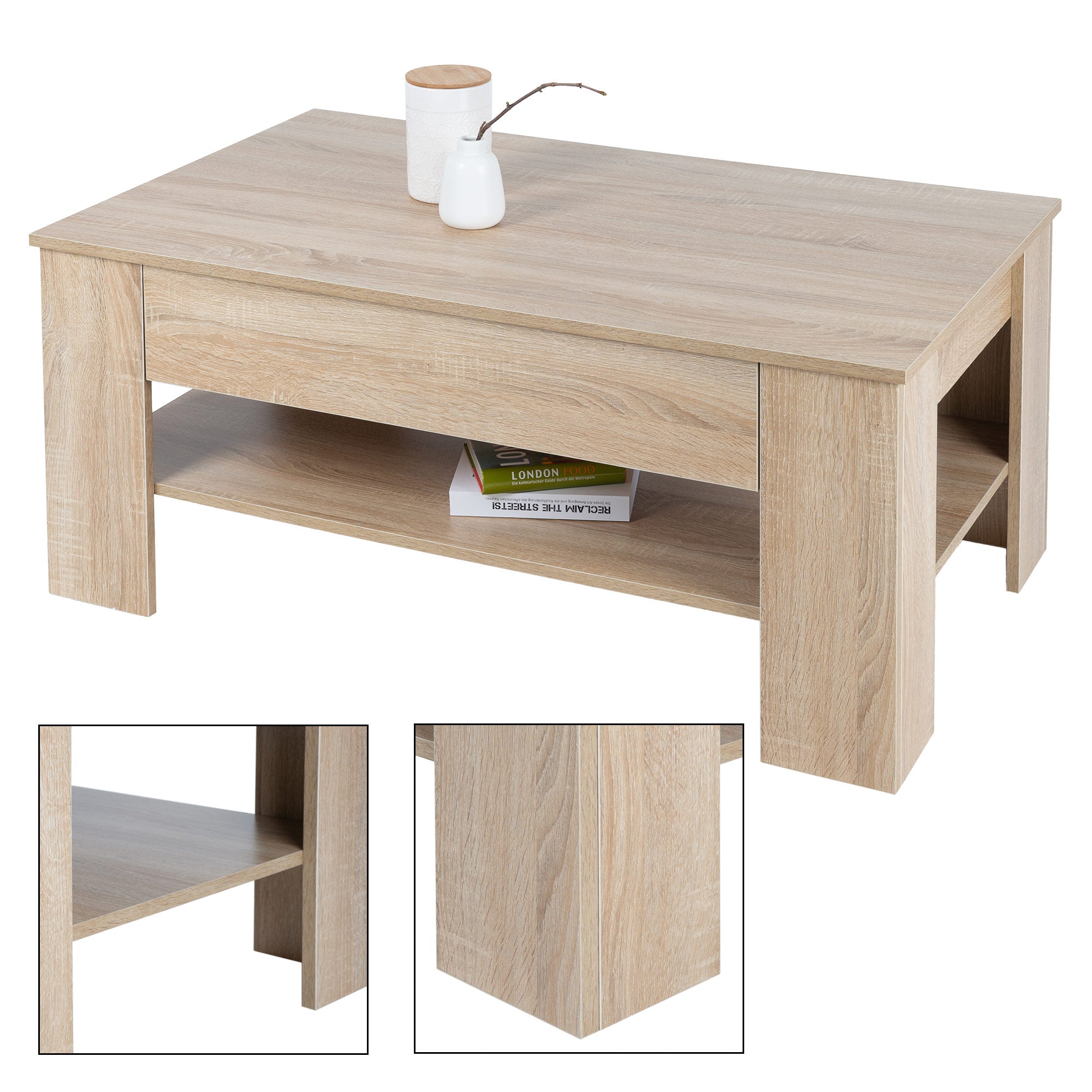 Mesa de madera con un cajón y una estantería abierta.