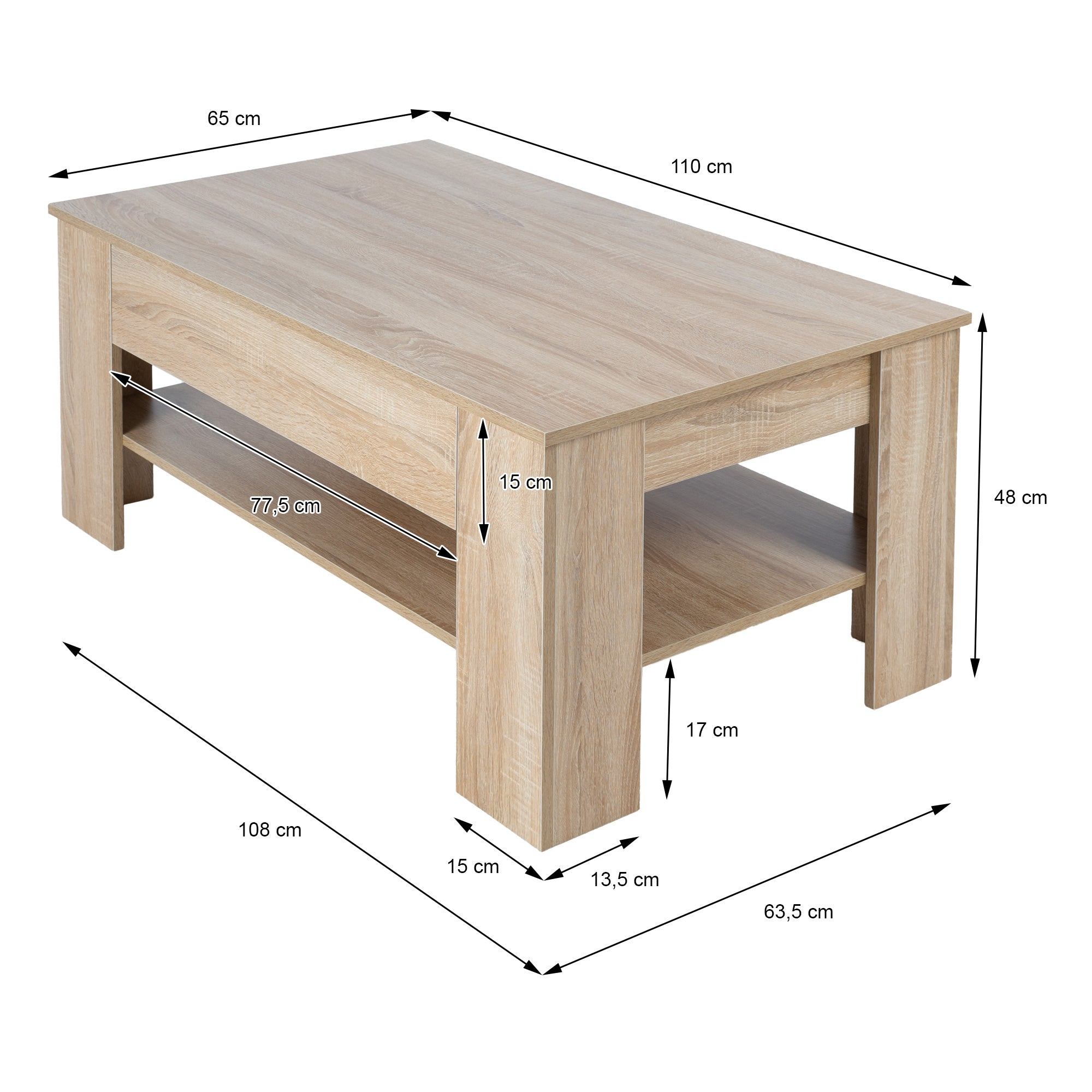 Mesa de madera con medidas: 110 cm x 63,5 cm x 48 cm, con estante.