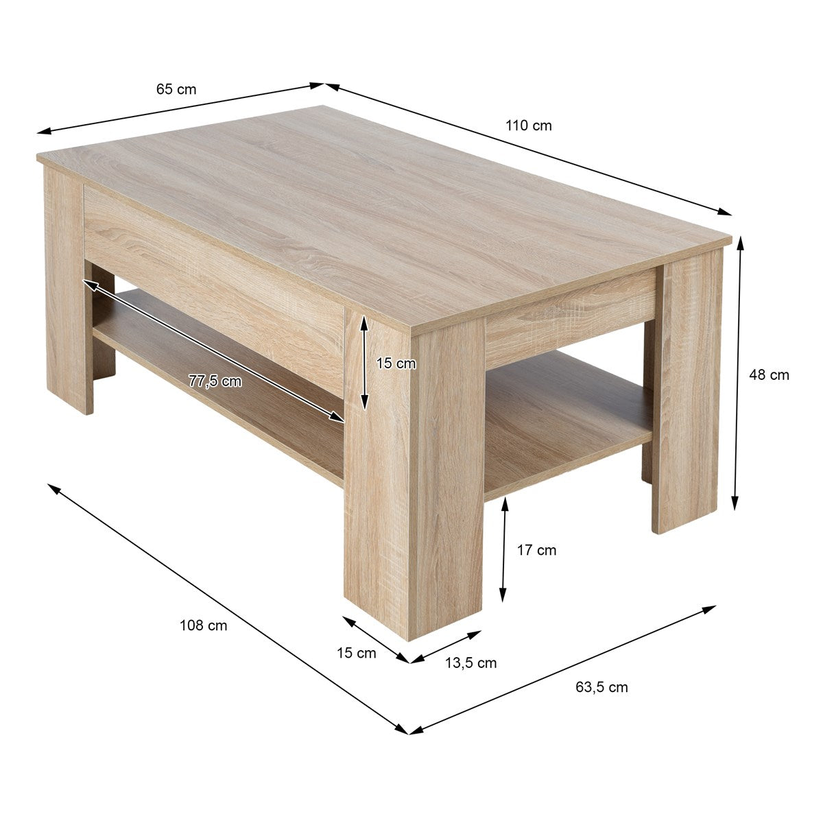 Masă din lemn cu dimensiunile: 110 cm x 63,5 cm x 48 cm, cu raft.