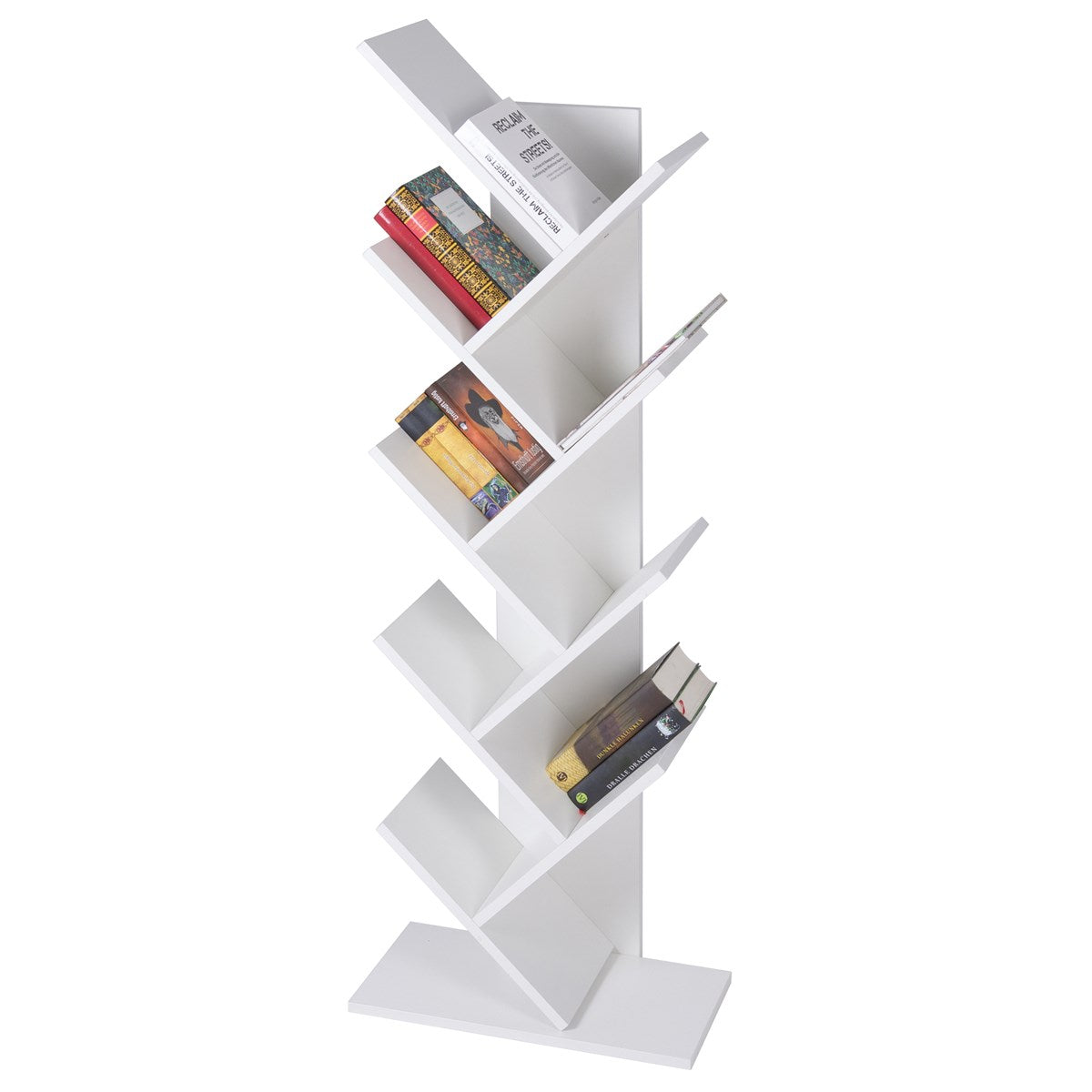 Narrow bookcase stand with slanted compartments.