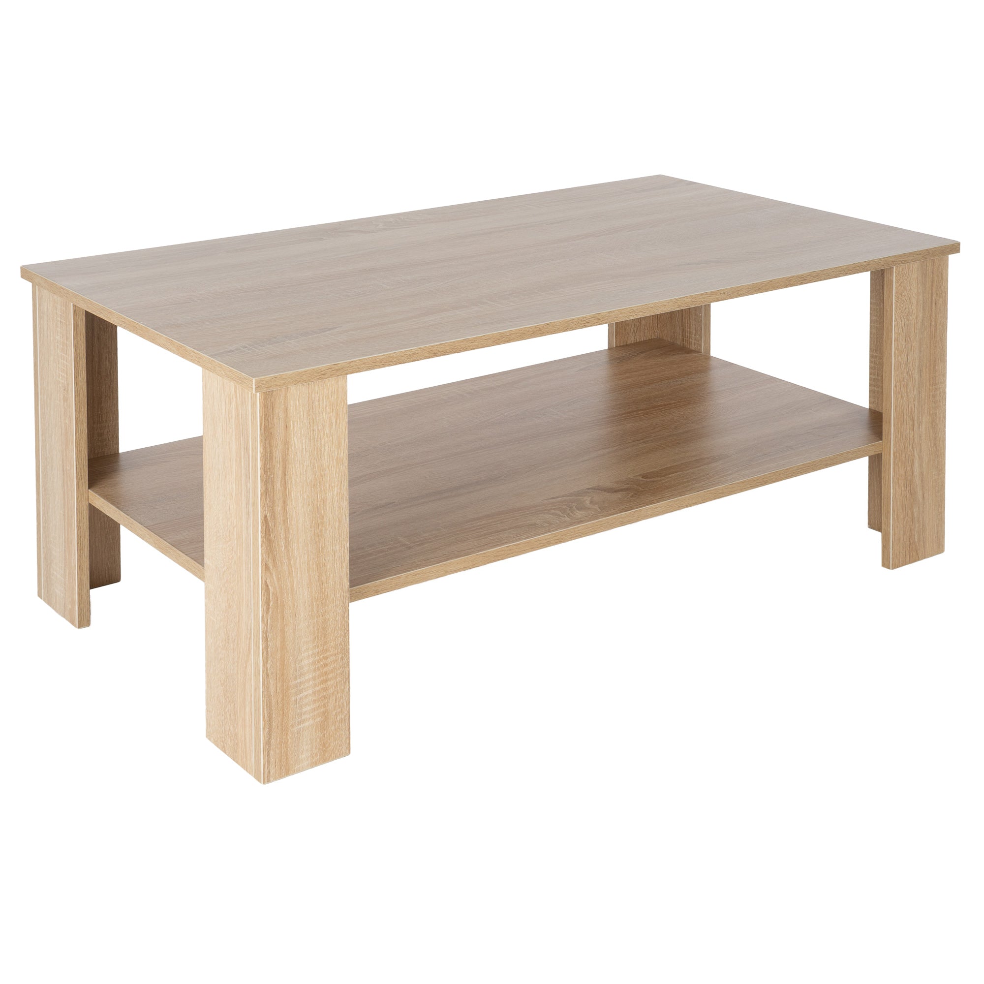 Holzfarbener Couchtisch mit einer Ablagefläche darunter.