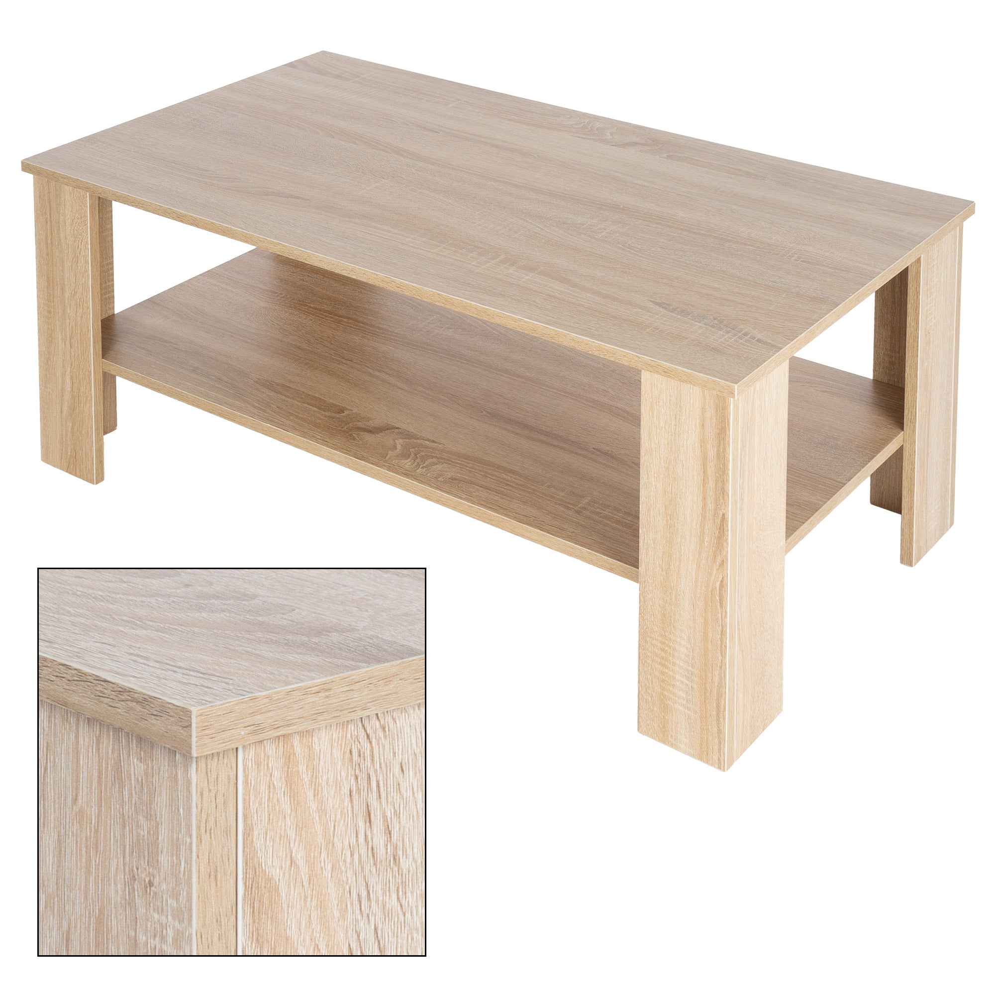 Holztisch mit zwei Ablageflächen, rechteckig, helles Holz.