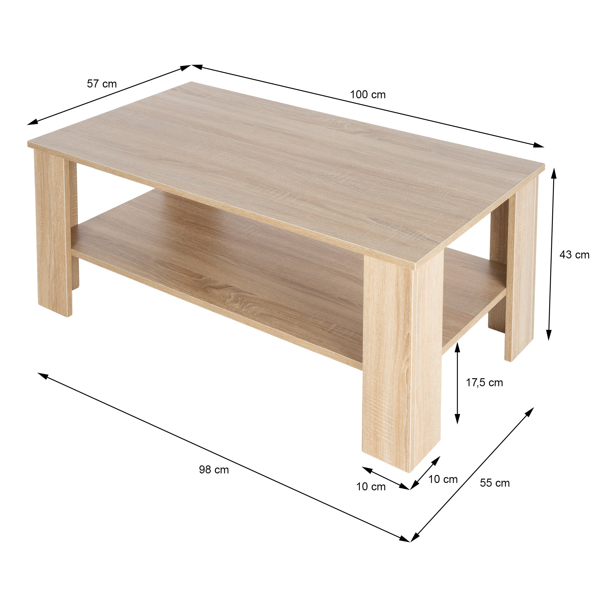 Holztisch mit Maßen: 100 cm x 55 cm x 43 cm, mit Ablagefläche.