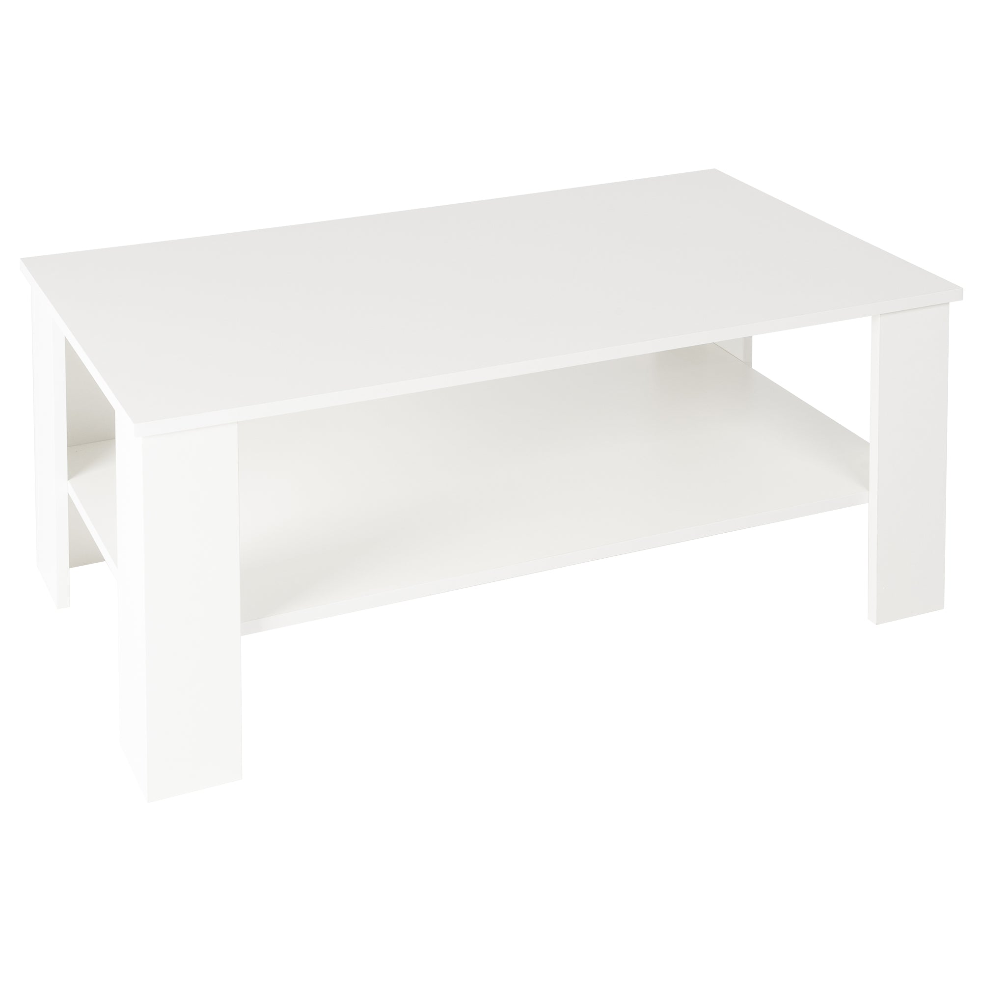 Mesa de café blanca con una superficie de almacenamiento debajo.