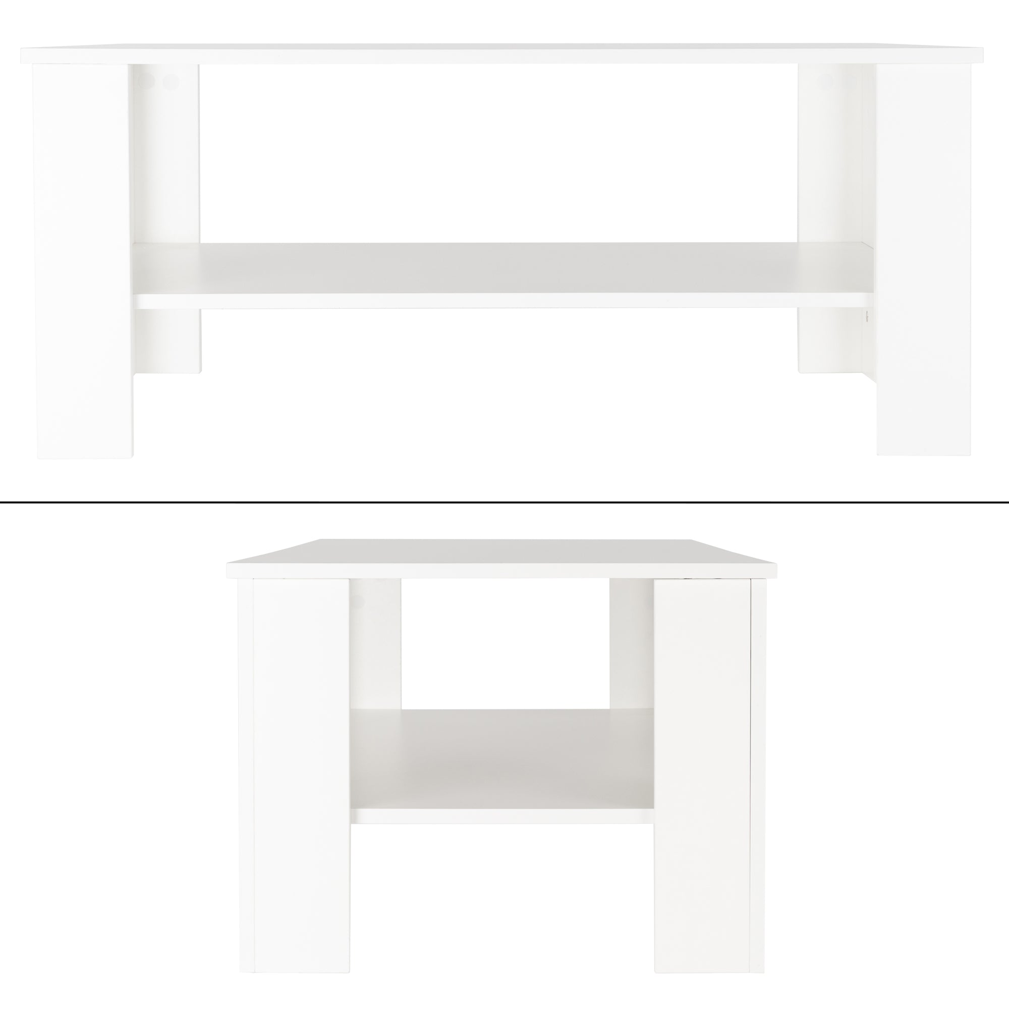 Mesa blanca con dos superficies de almacenamiento, rectangular y cuadrada.