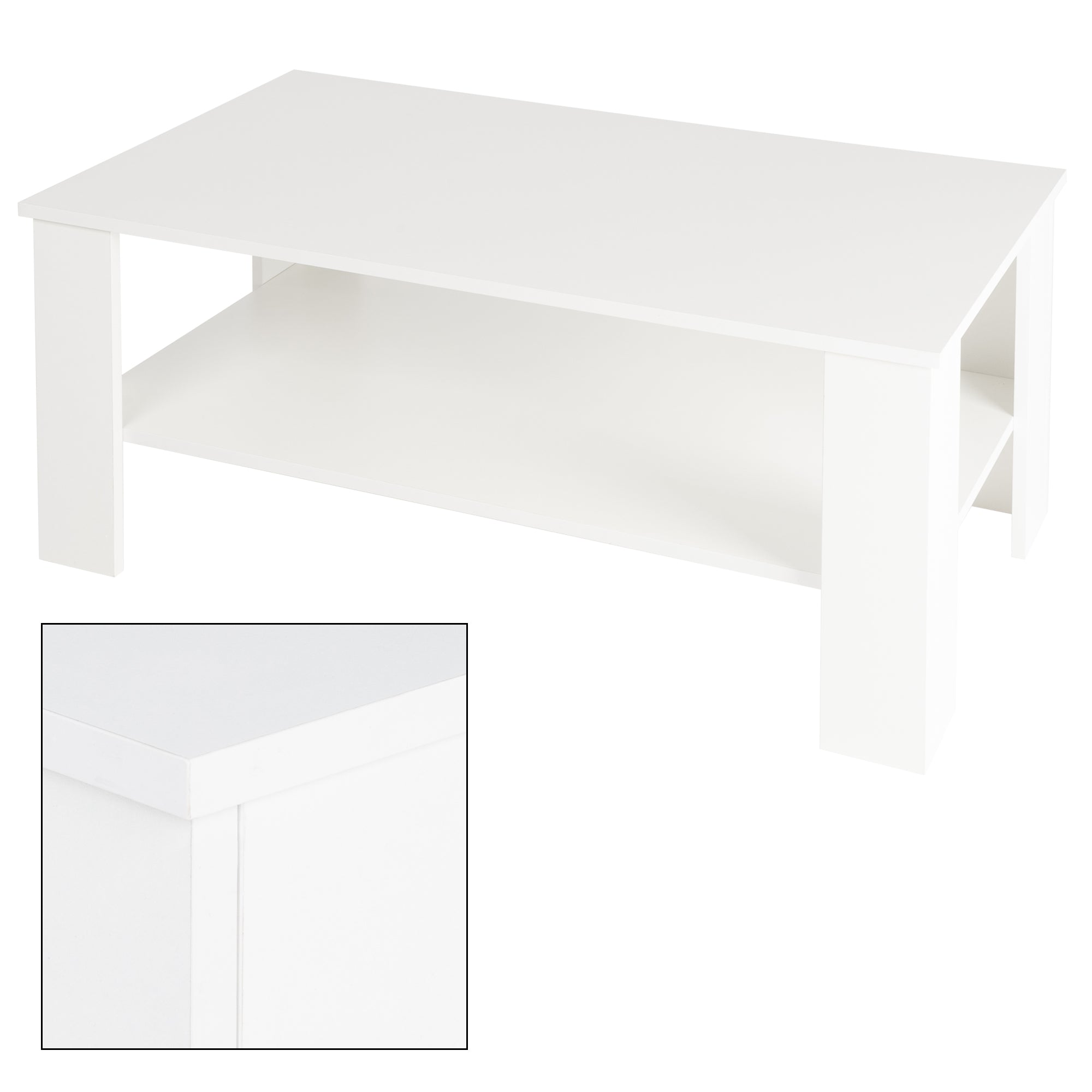 Mesa de café blanca con superficie de almacenamiento y vista detallada.