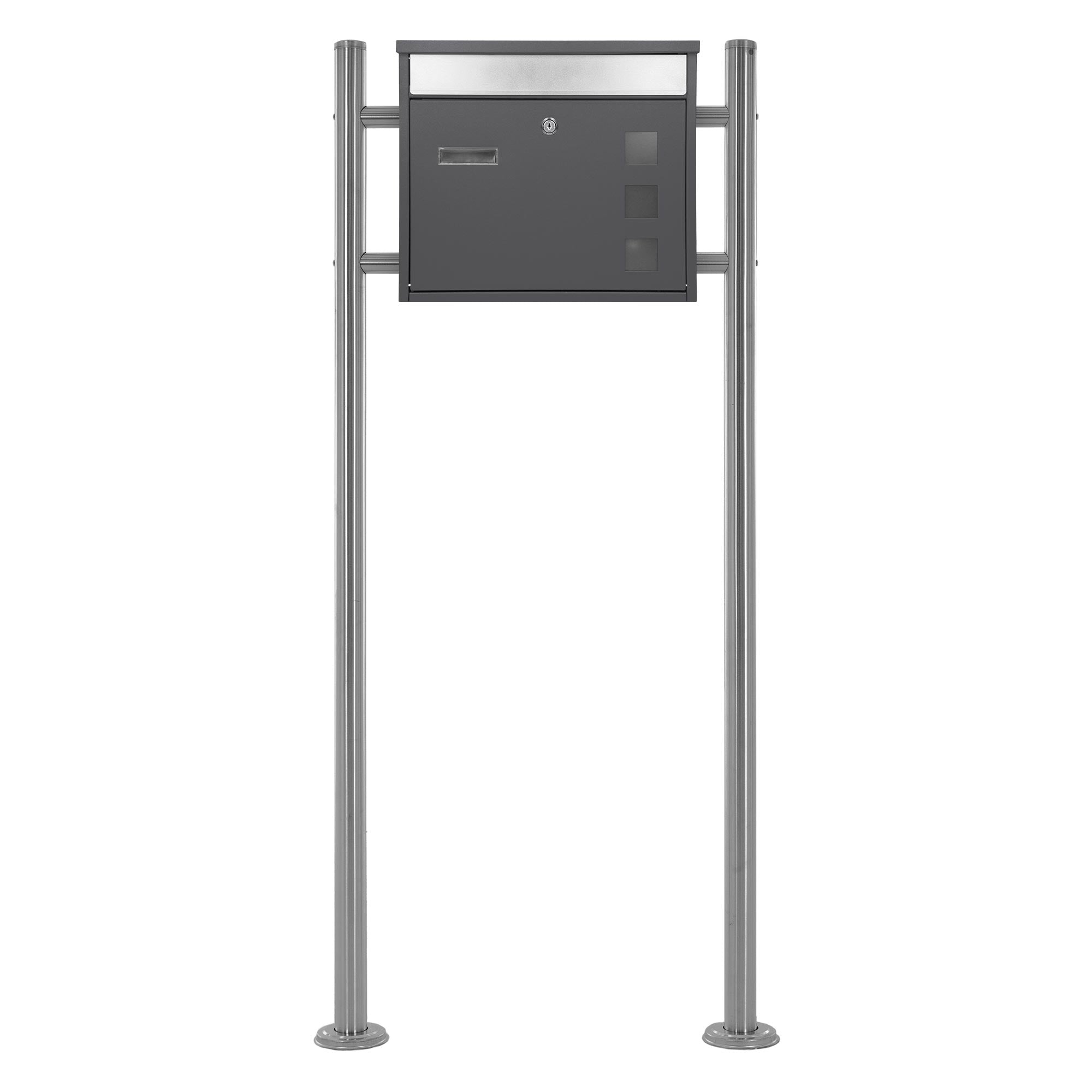 Gray mailbox on two supports against a neutral background.