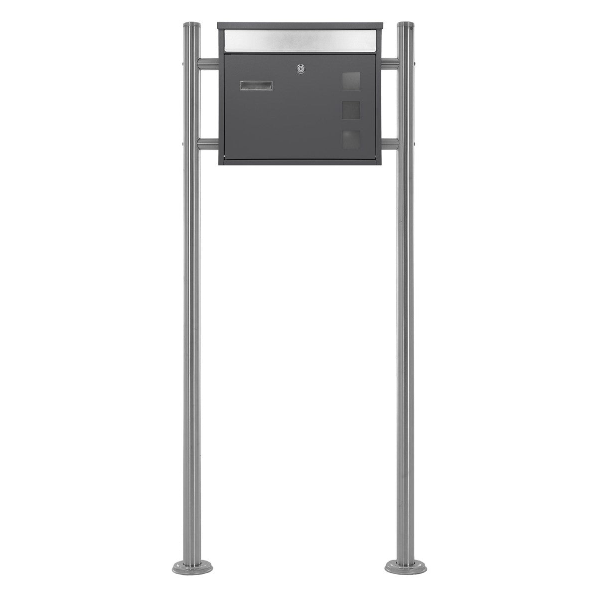 Gray mailbox on two supports against a neutral background.