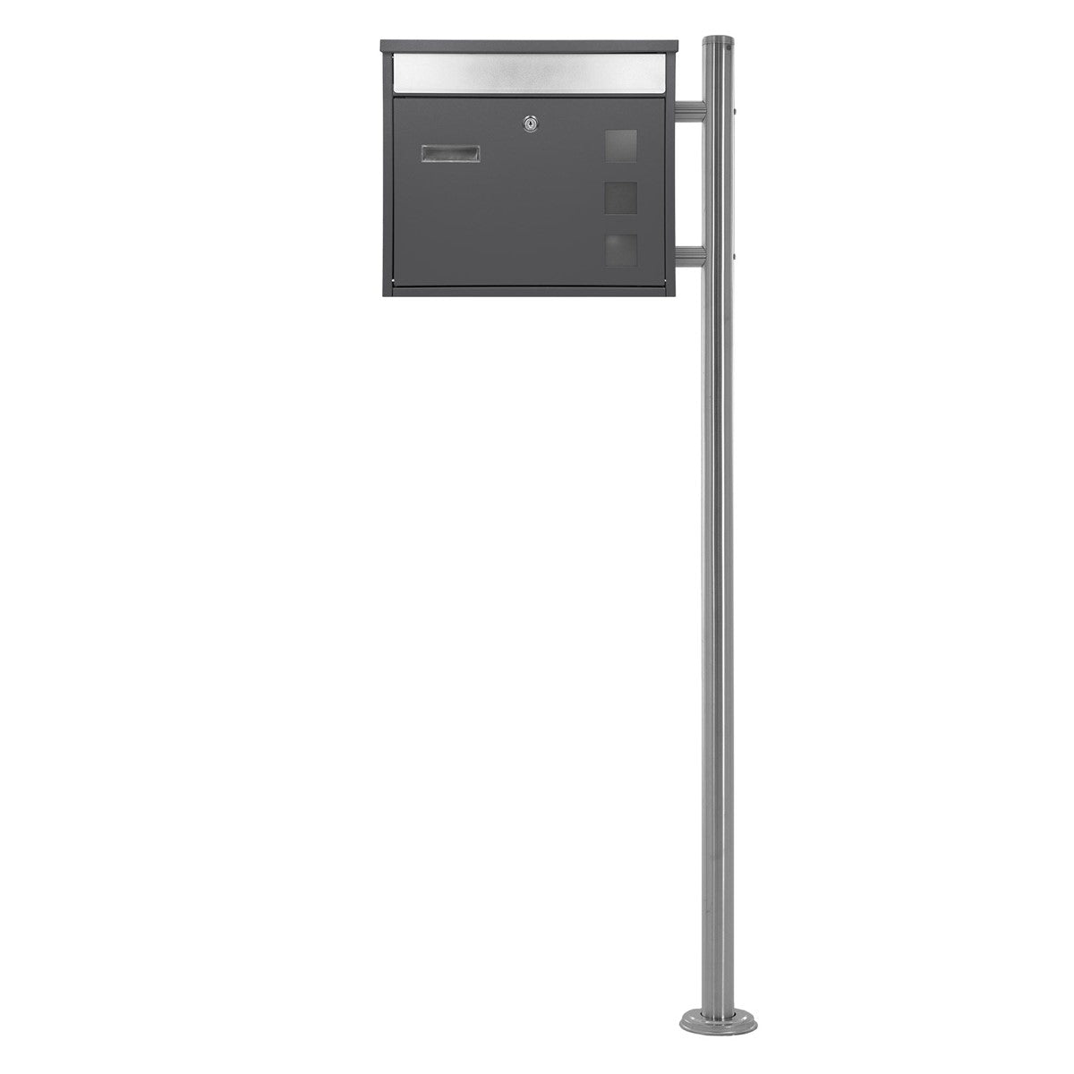 Mailbox on a metal stand, gray with two compartments.