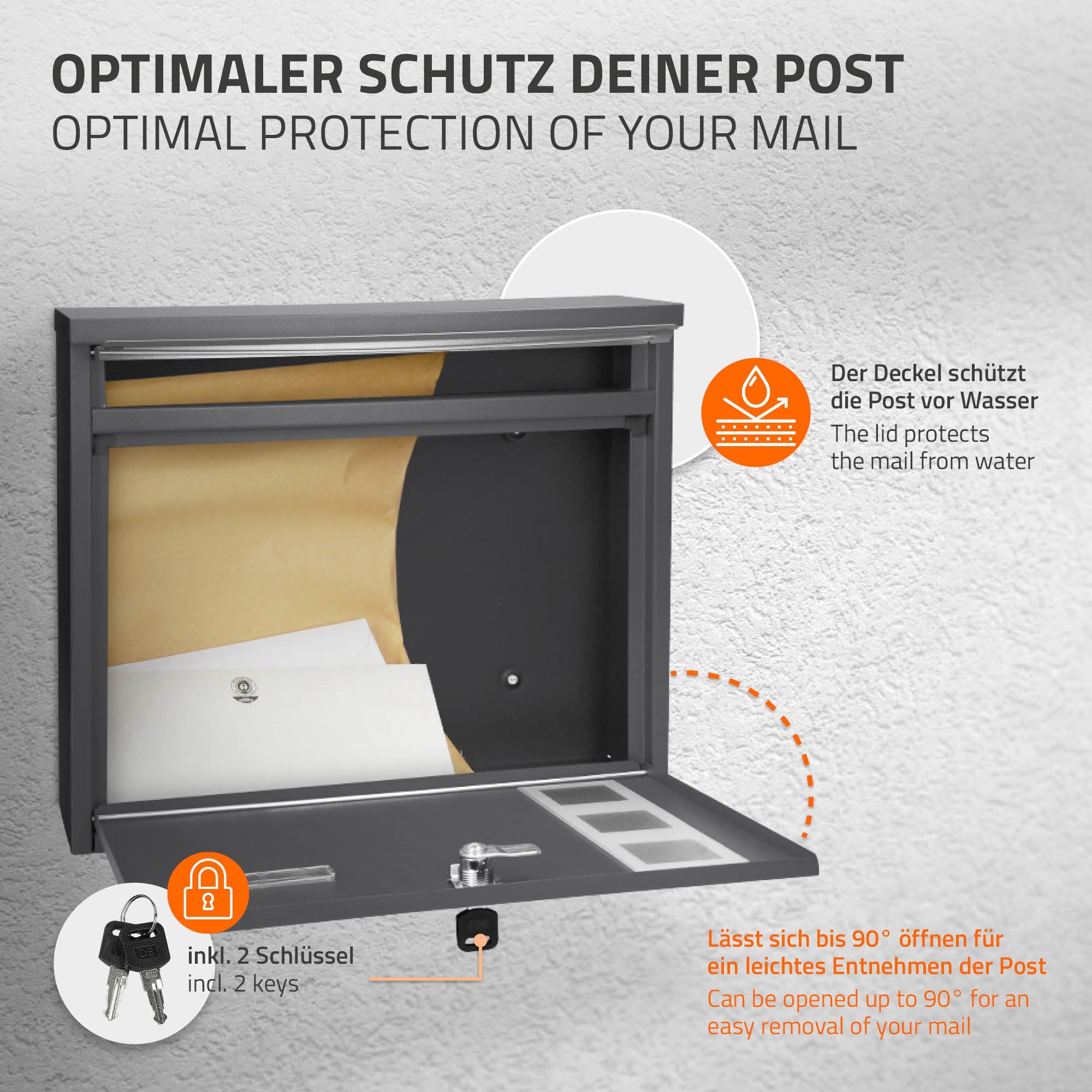Offener Briefkasten mit Deckel, der Post vor Wasser schützt, und zwei Schlüsseln.