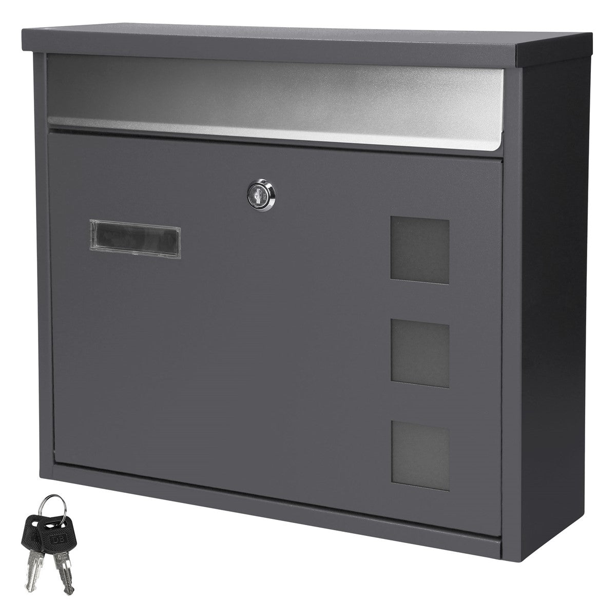 Gray mailbox with a key and a viewing window.