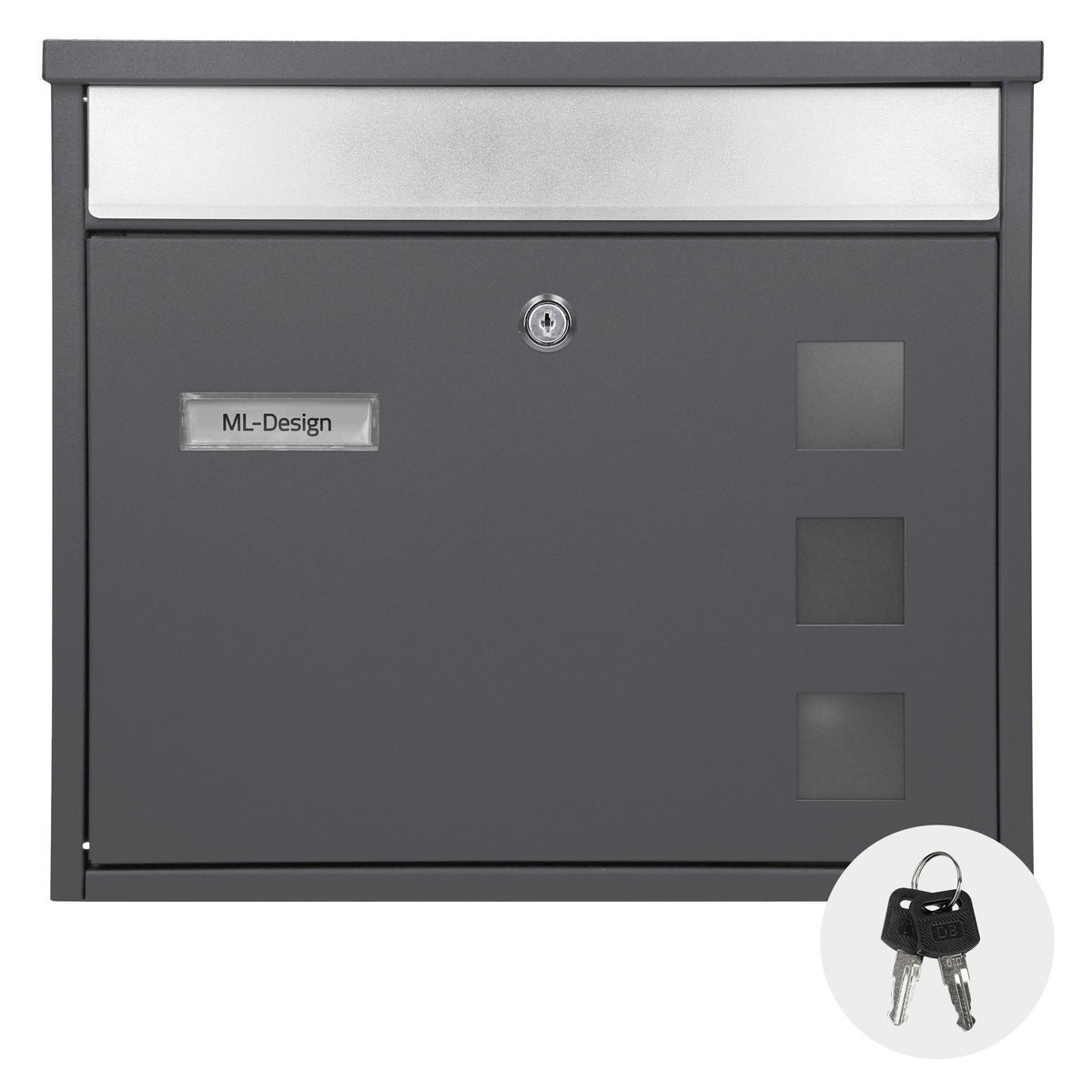 Une boîte aux lettres grise avec clé et plaque nominative.