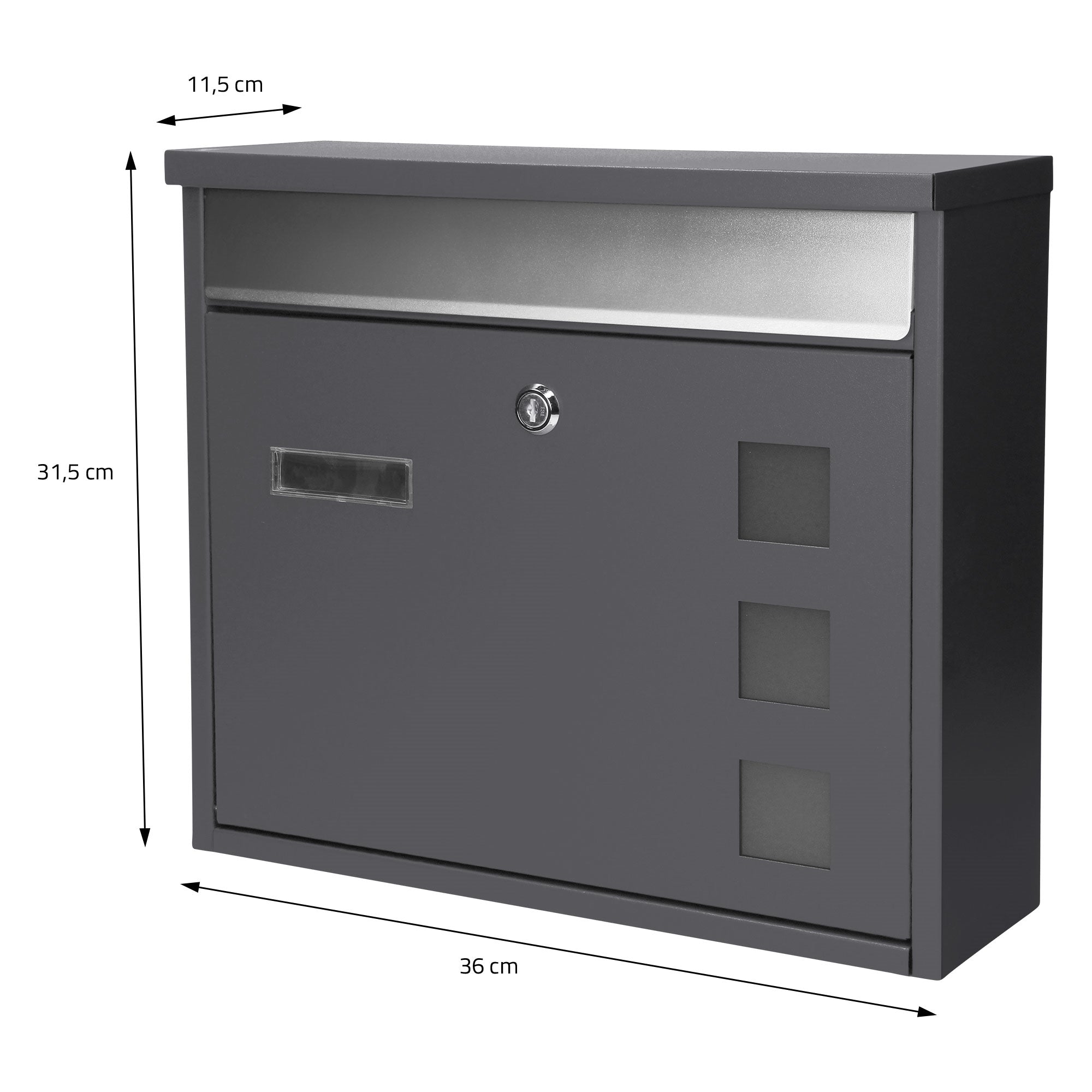Briefkasten in Grau mit Abmessungen: 36 cm Breite, 31,5 cm Höhe, 11,5 cm Tiefe.