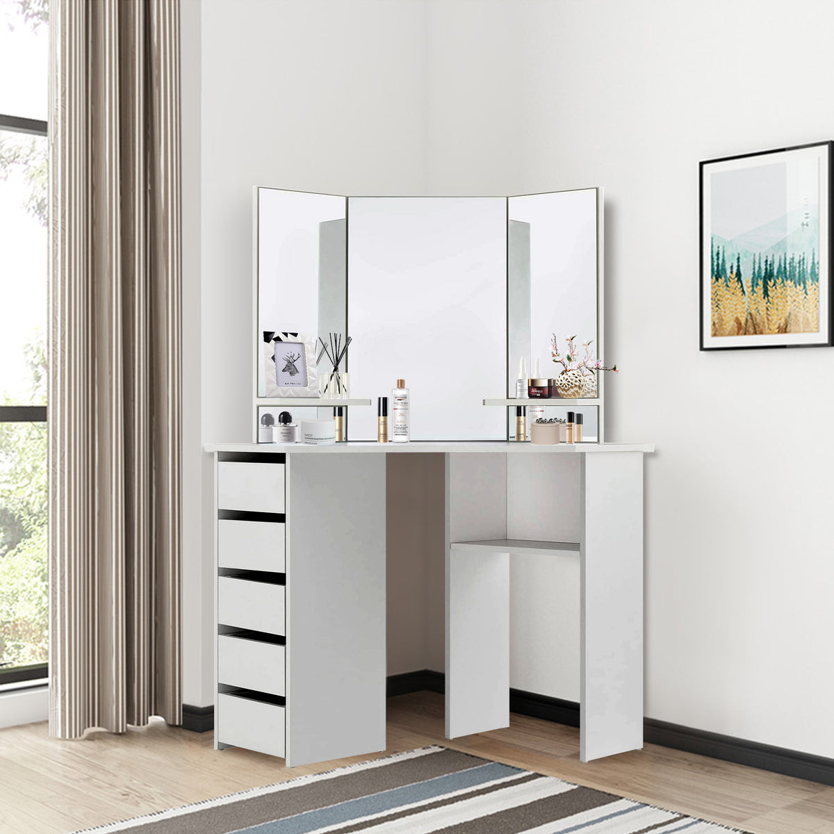 Vanity table with three mirrors and drawers, in a bright room.