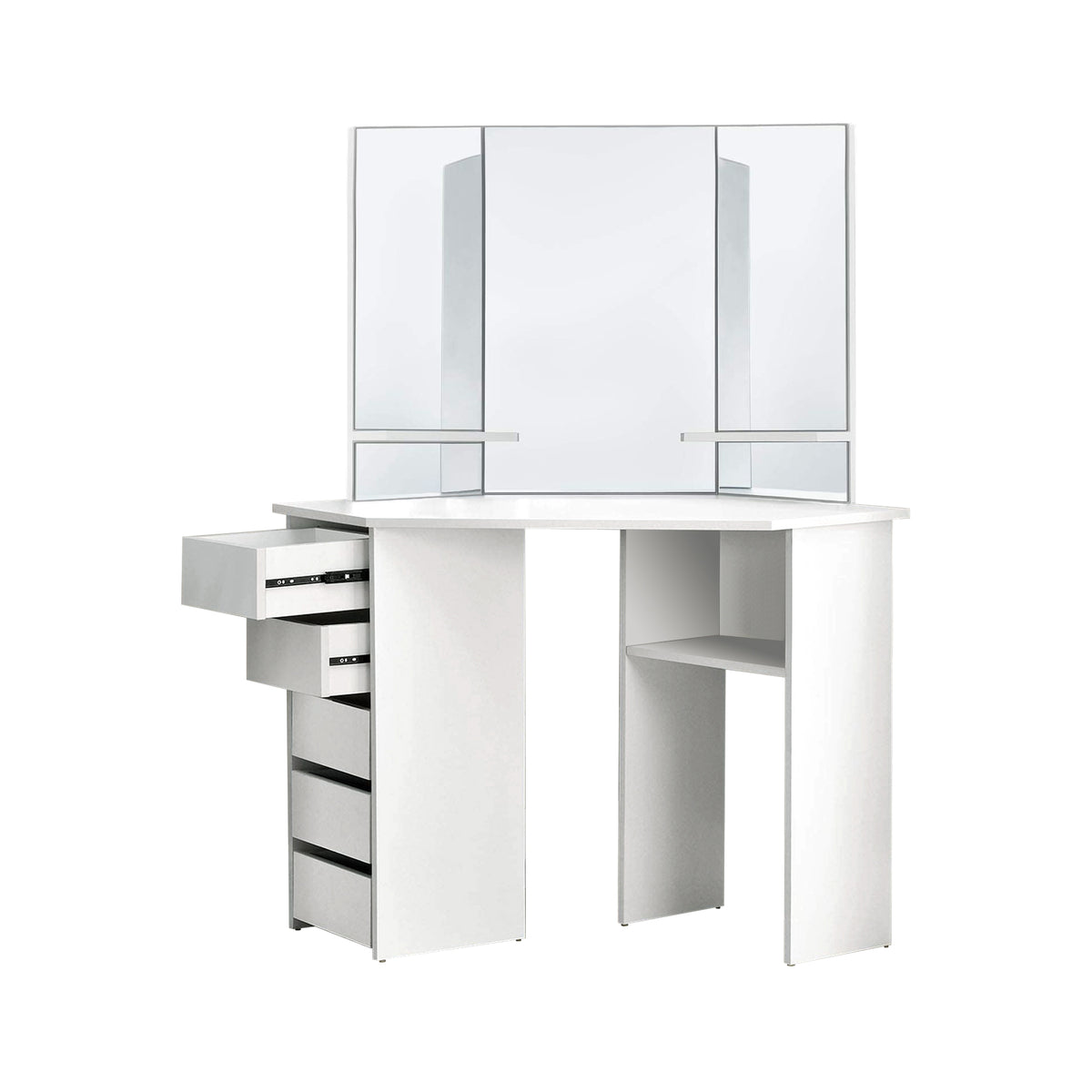 A vanity table with a large mirror and several drawers.