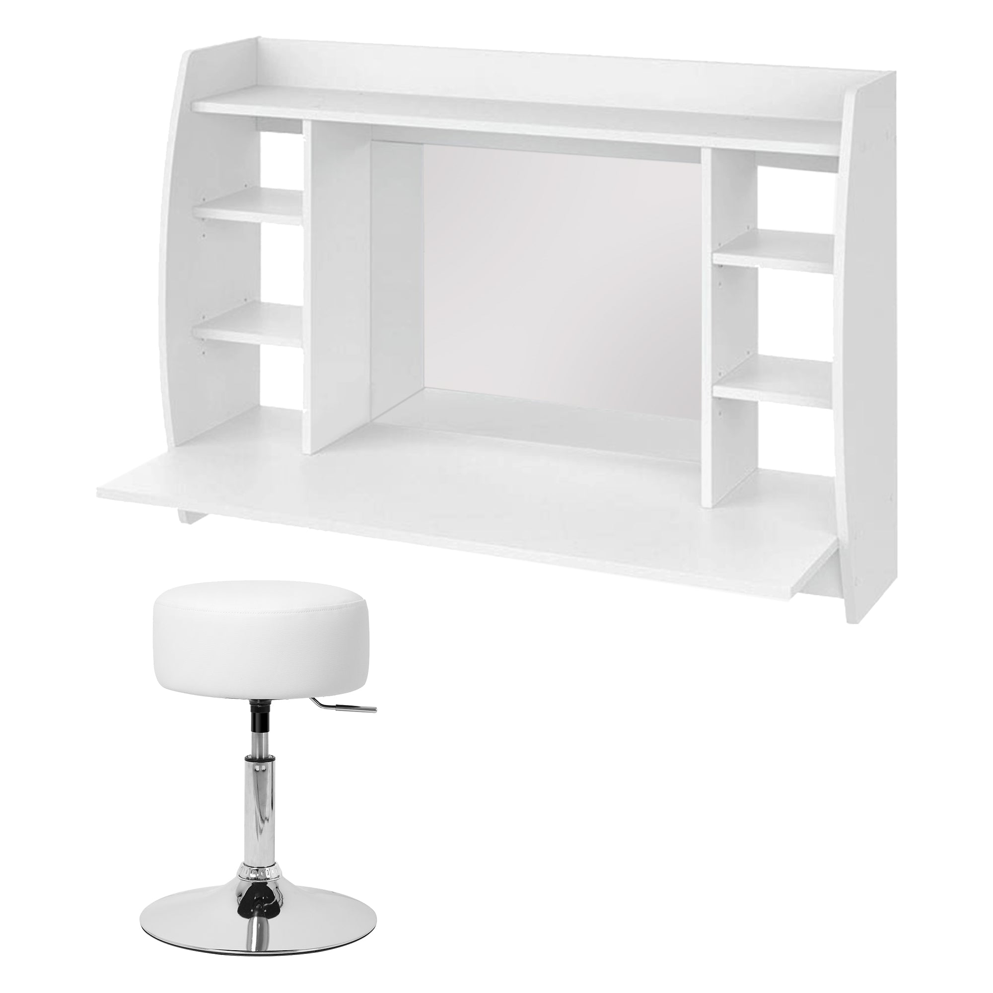 White wall table with mirror and an adjustable stool.