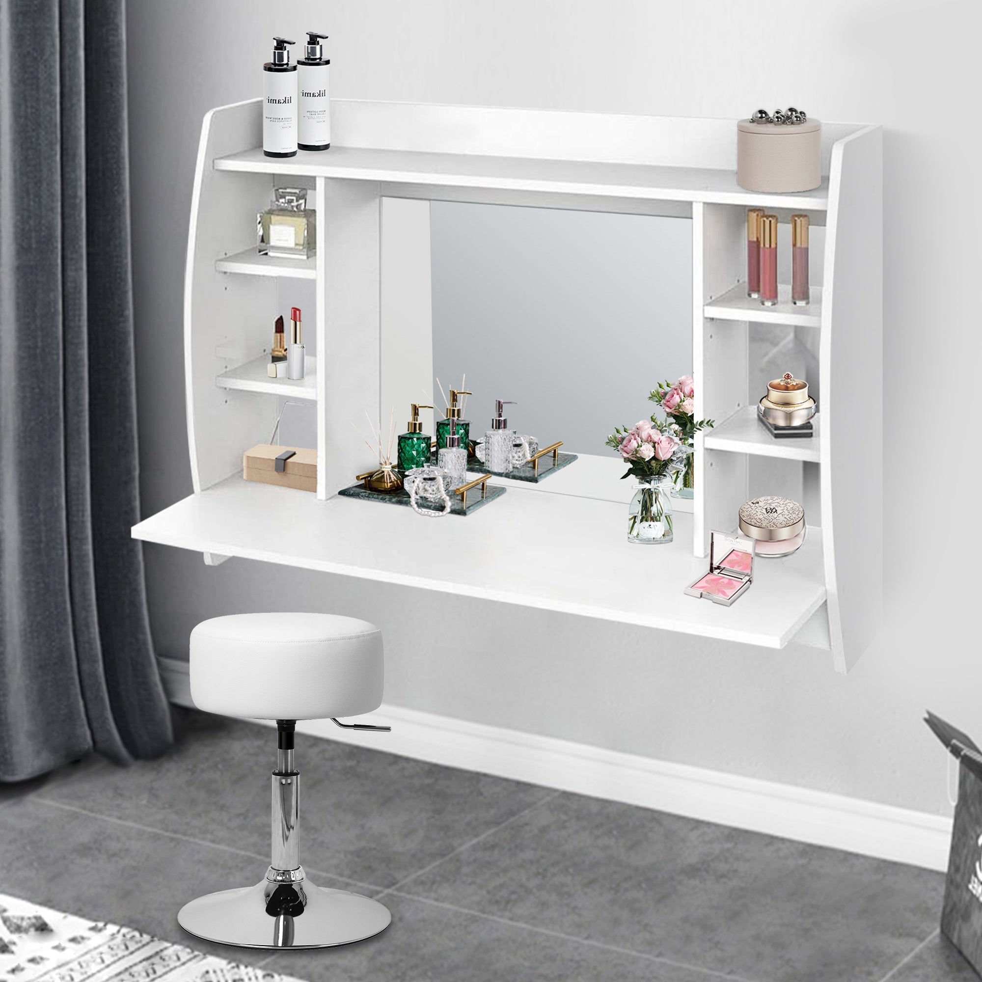 Vanity table with mirror, shelves, and decorative cosmetic products.