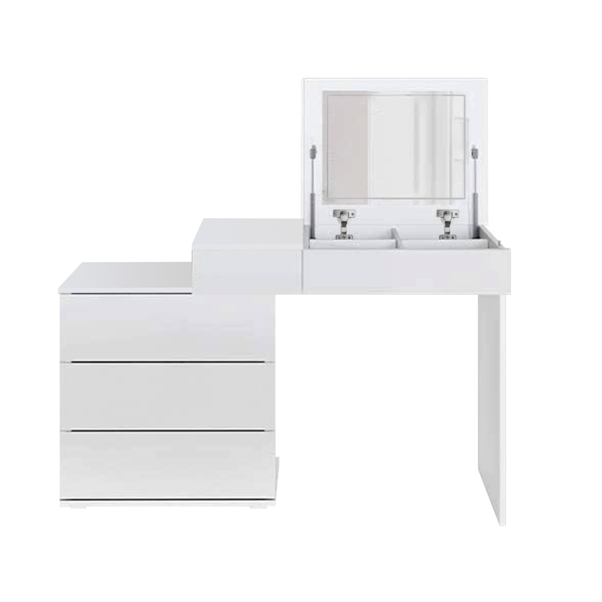 Une coiffeuse moderne avec deux compartiments et un miroir pliable.