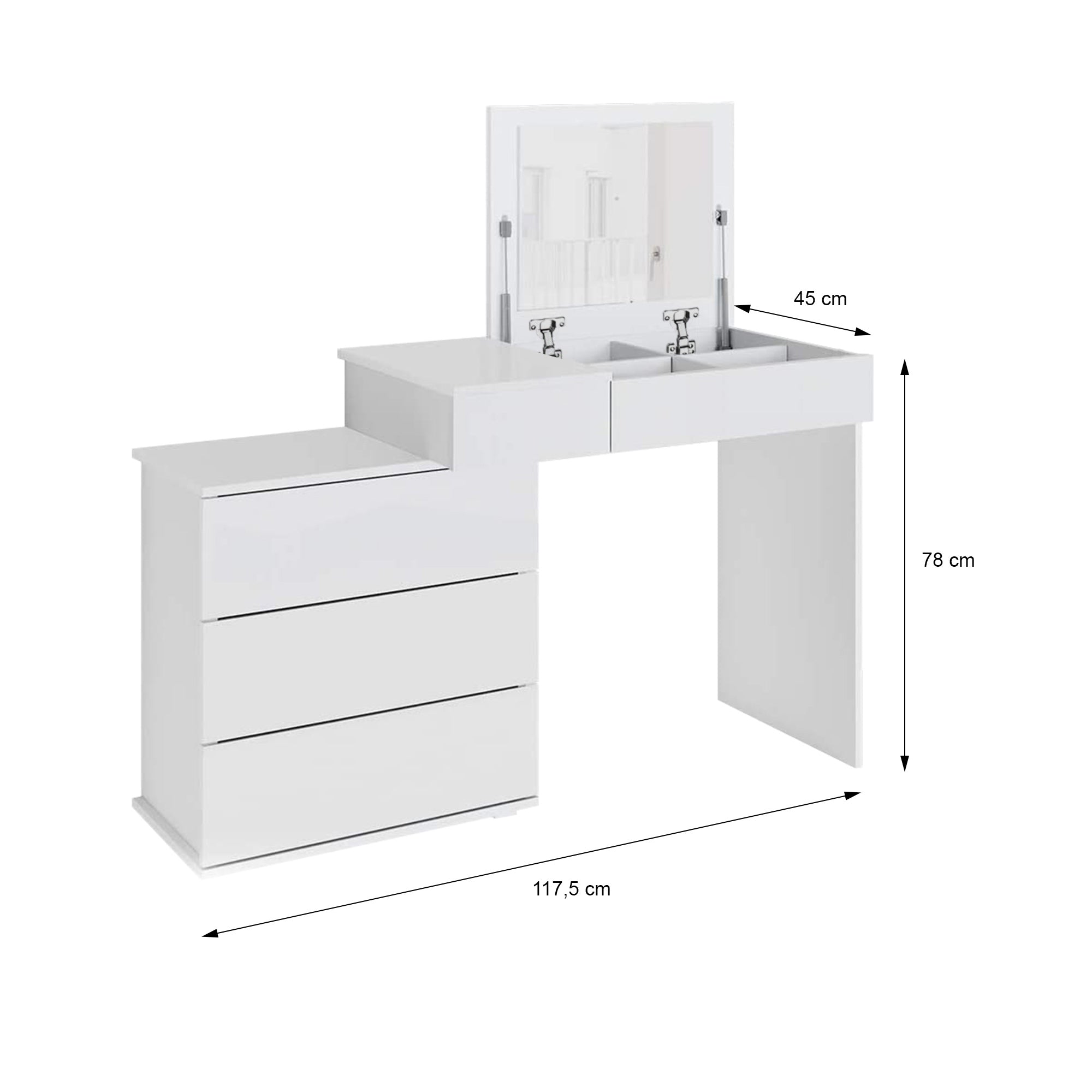 Coiffeuse blanche avec miroir et deux lavabos, dimensions : 117,5 cm x 78 cm x 45 cm.