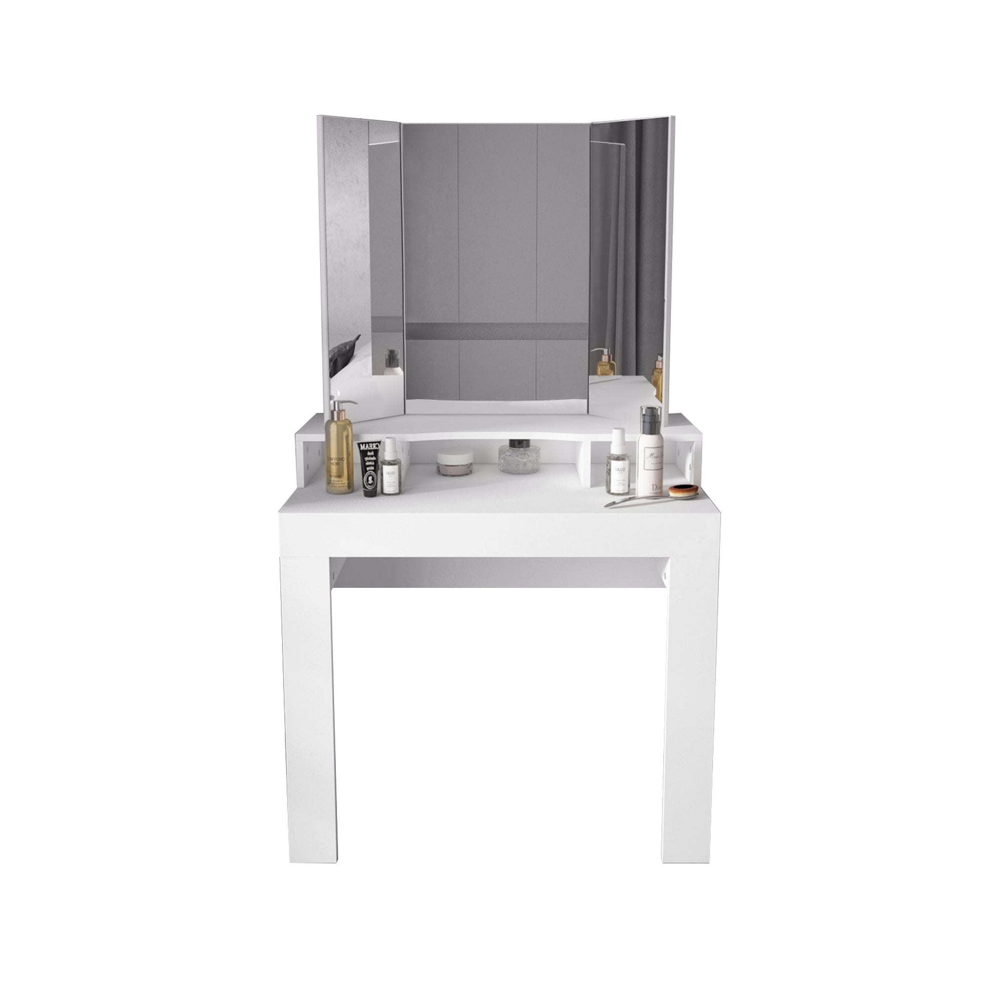 Une coiffeuse blanche avec miroir et produits cosmétiques sur la surface.